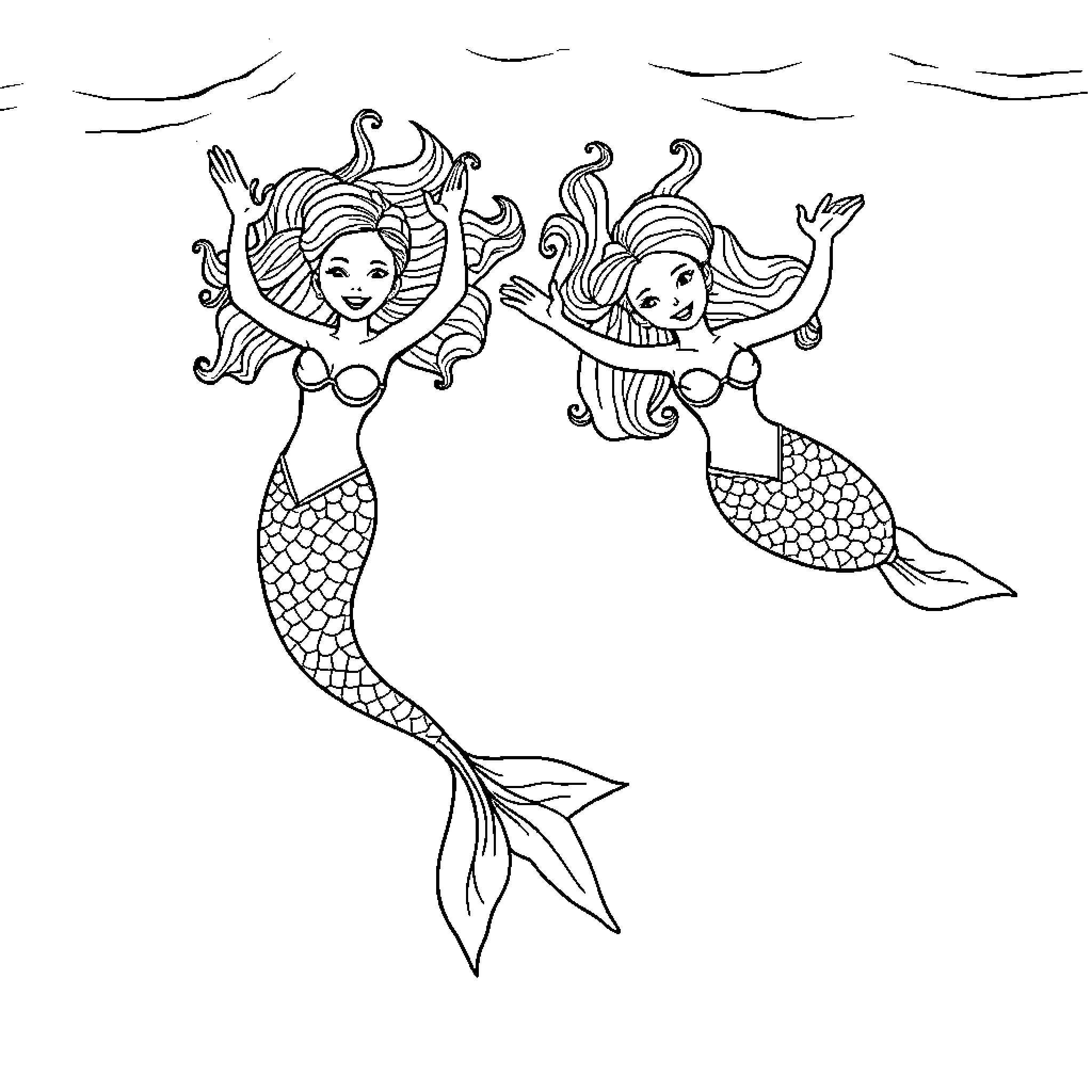 Mermaid friends frolicking in the waves Coloring Page (free black-and-white line drawing printable PDF for all, from beginners to advanced learners, including children, teens, adults, and seniors)