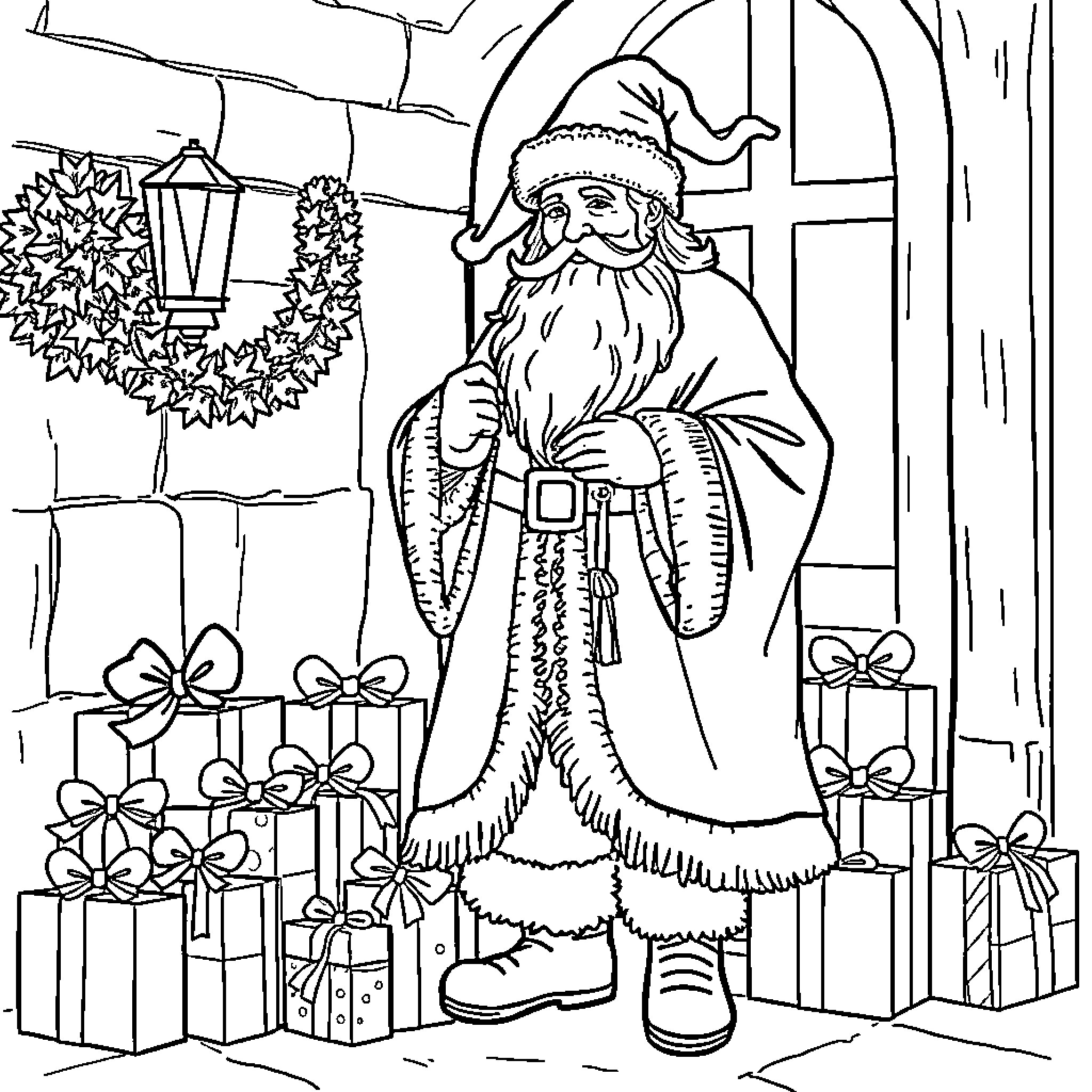 Sinterklaas visiting with gifts and decorations Coloring Page (free black-and-white line drawing printable PDF for all, from beginners to advanced learners, including children, teens, adults, and seniors)