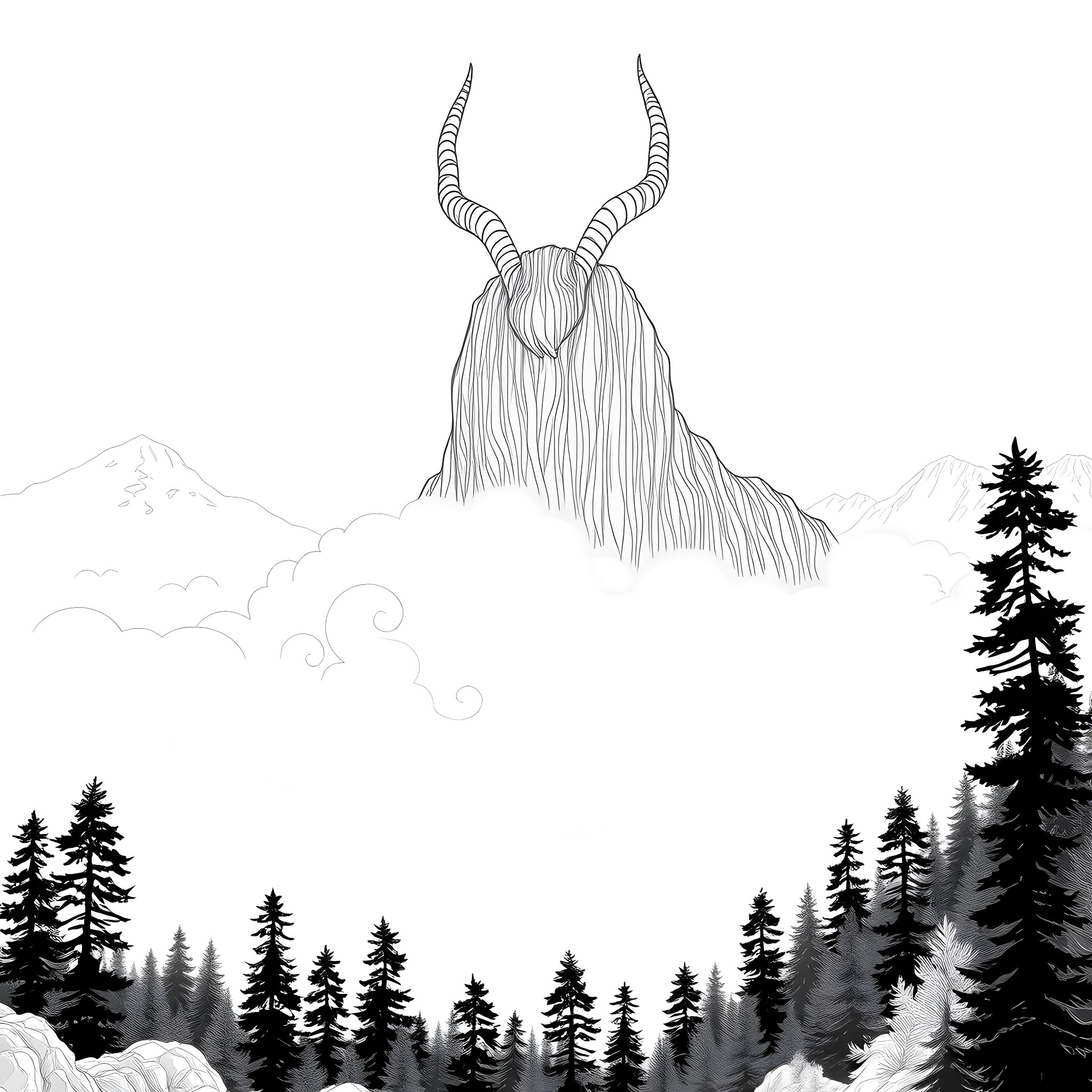 Uktena, the Horned Serpent, emerging from the mountain Coloring Page (free black-and-white line drawing printable PDF for all, from beginners to advanced learners, including children, teens, adults, and seniors)