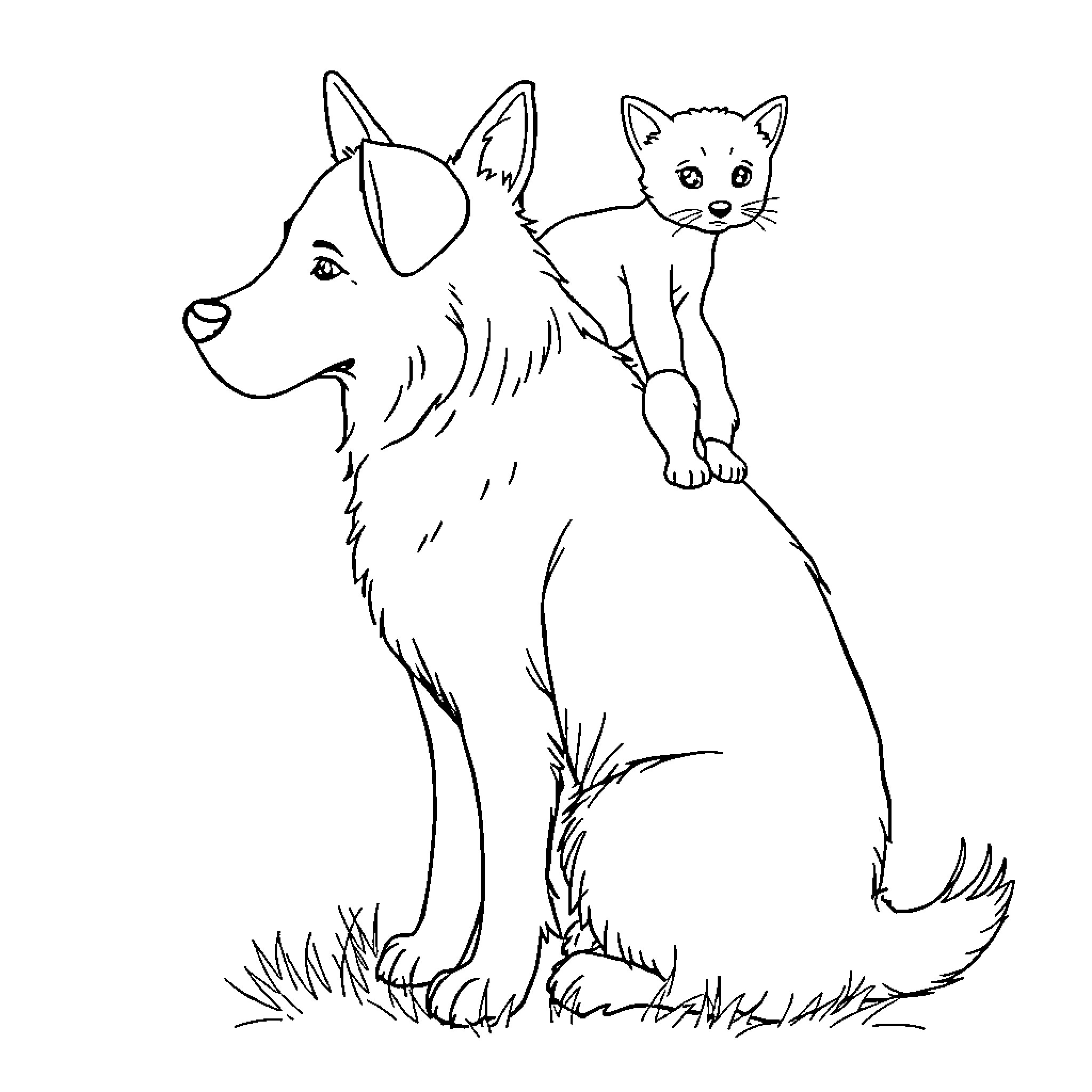 Hund and kitten playing together in nature Coloring Page (free black-and-white line drawing printable PDF for all, from beginners to advanced learners, including children, teens, adults, and seniors)