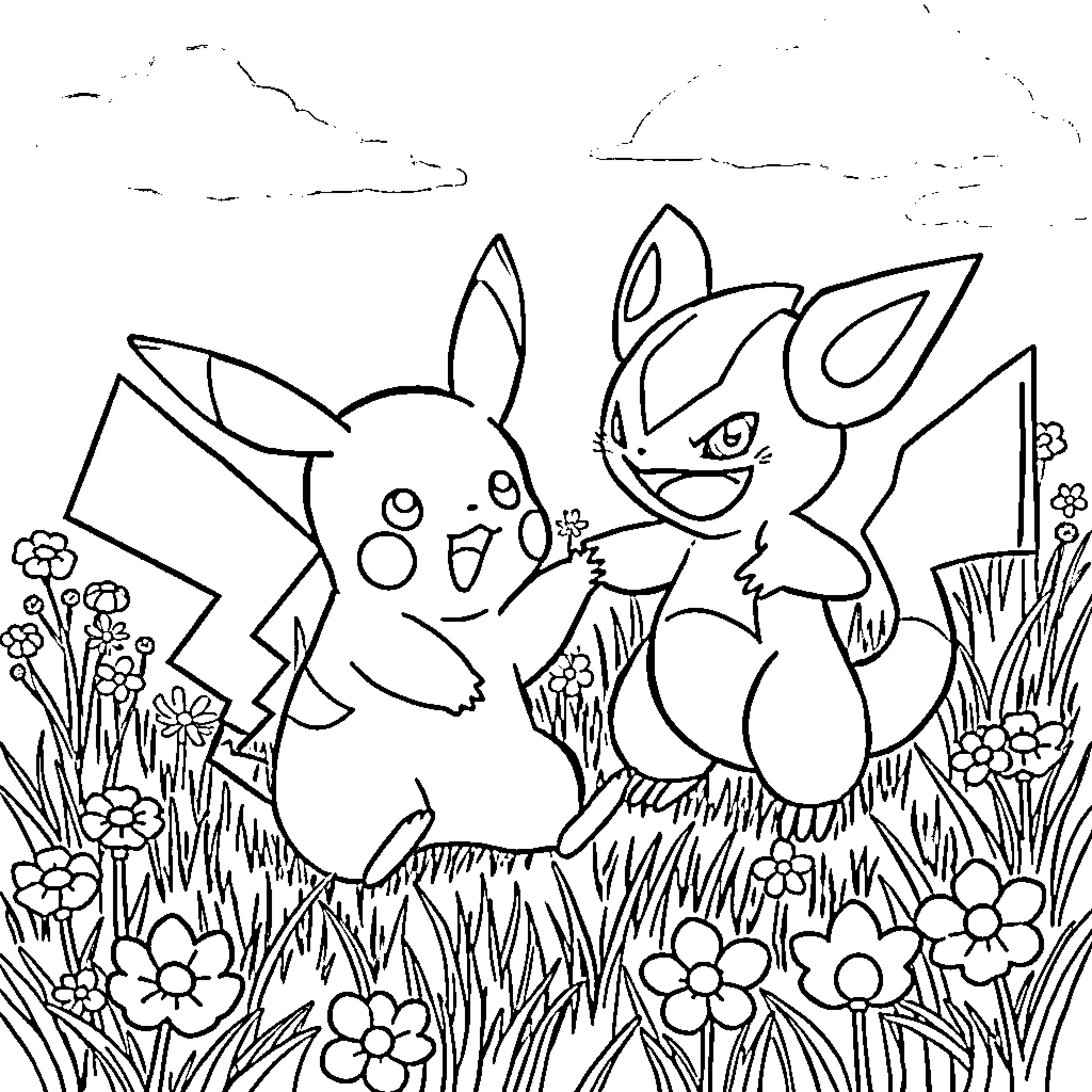 Pikachu and Charmander playing in the meadow Coloring Page (free black-and-white line drawing printable PDF for all, from beginners to advanced learners, including children, teens, adults, and seniors)
