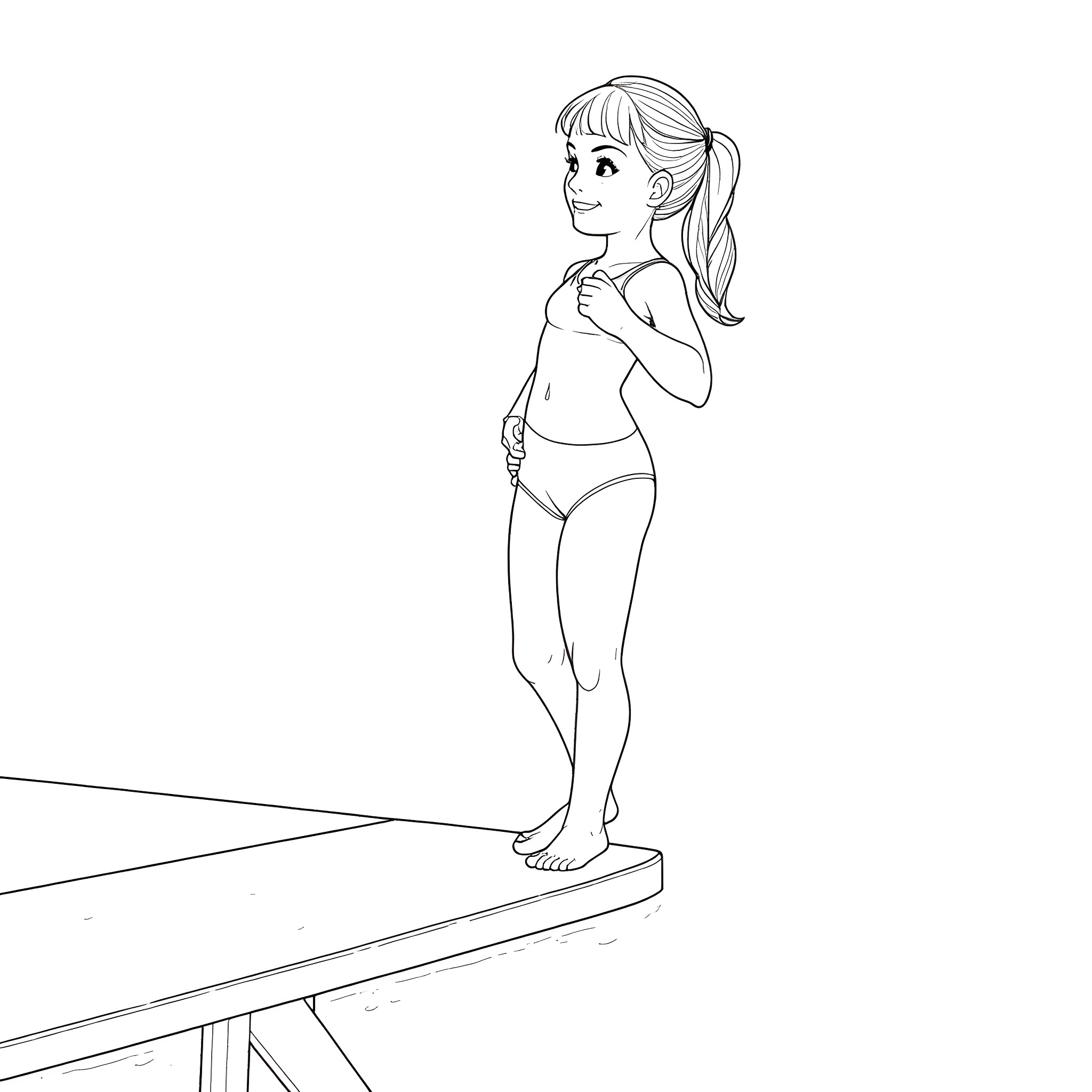 Girl standing on diving board Coloring Page (free black-and-white line drawing printable PDF for all, from beginners to advanced learners, including children, teens, adults, and seniors)