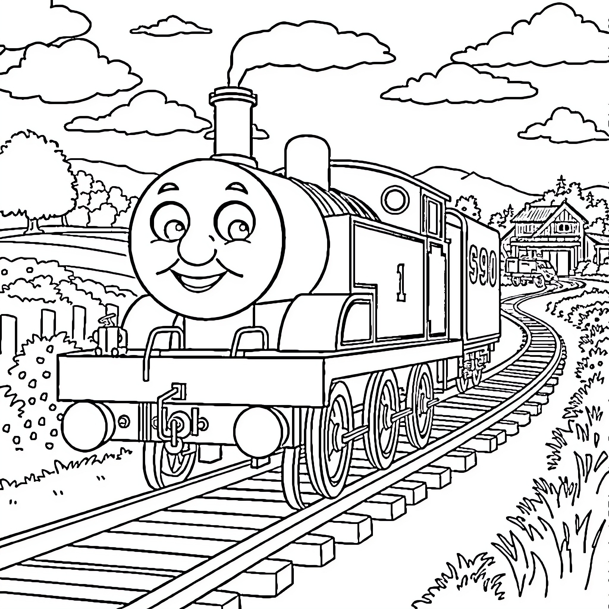Thomas the Train Happily Travels Through the Countryside Coloring Page (free black-and-white line drawing printable PDF for all, from beginners to advanced learners, including children, teens, adults, and seniors)