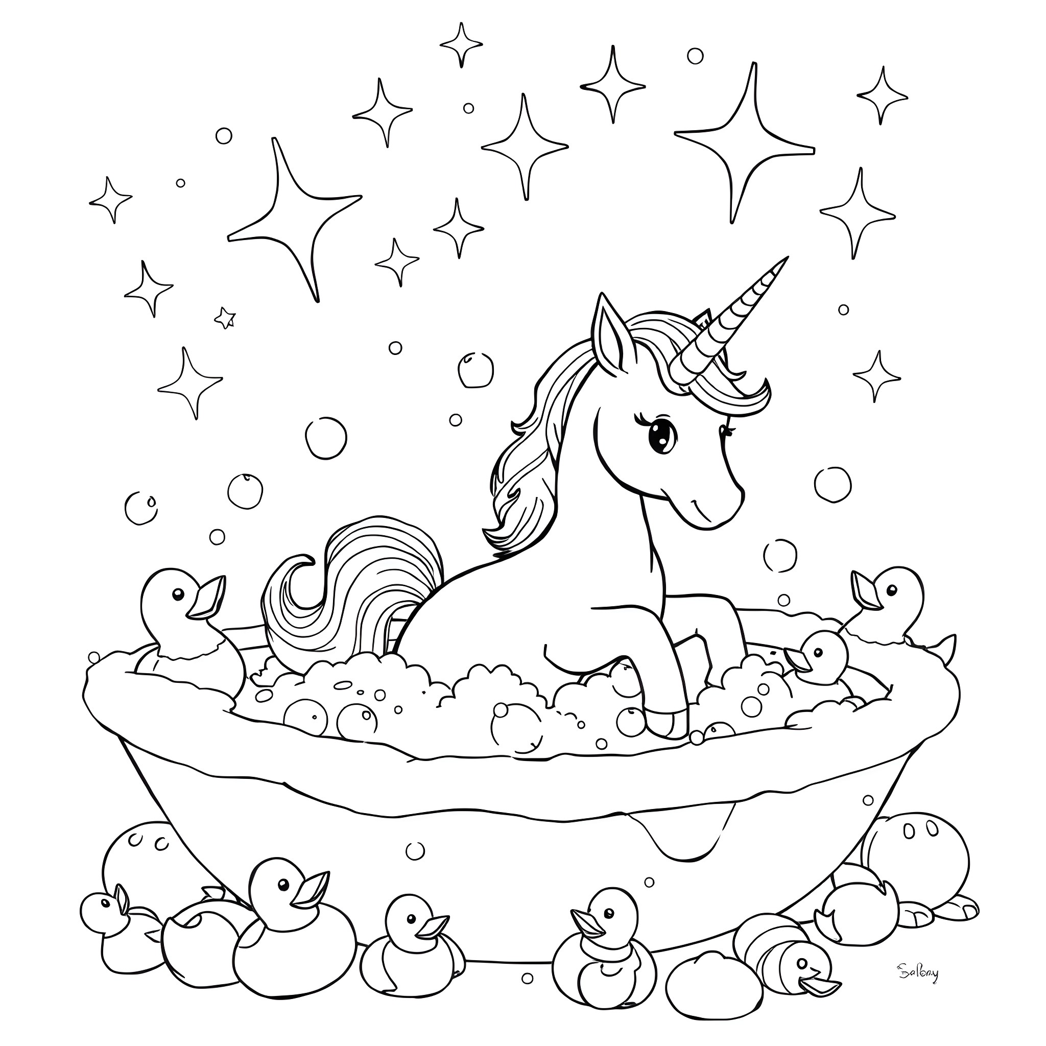 Unicorn relaxing in a magical bubble bath Coloring Page (free black-and-white line drawing printable PDF for all, from beginners to advanced learners, including children, teens, adults, and seniors)