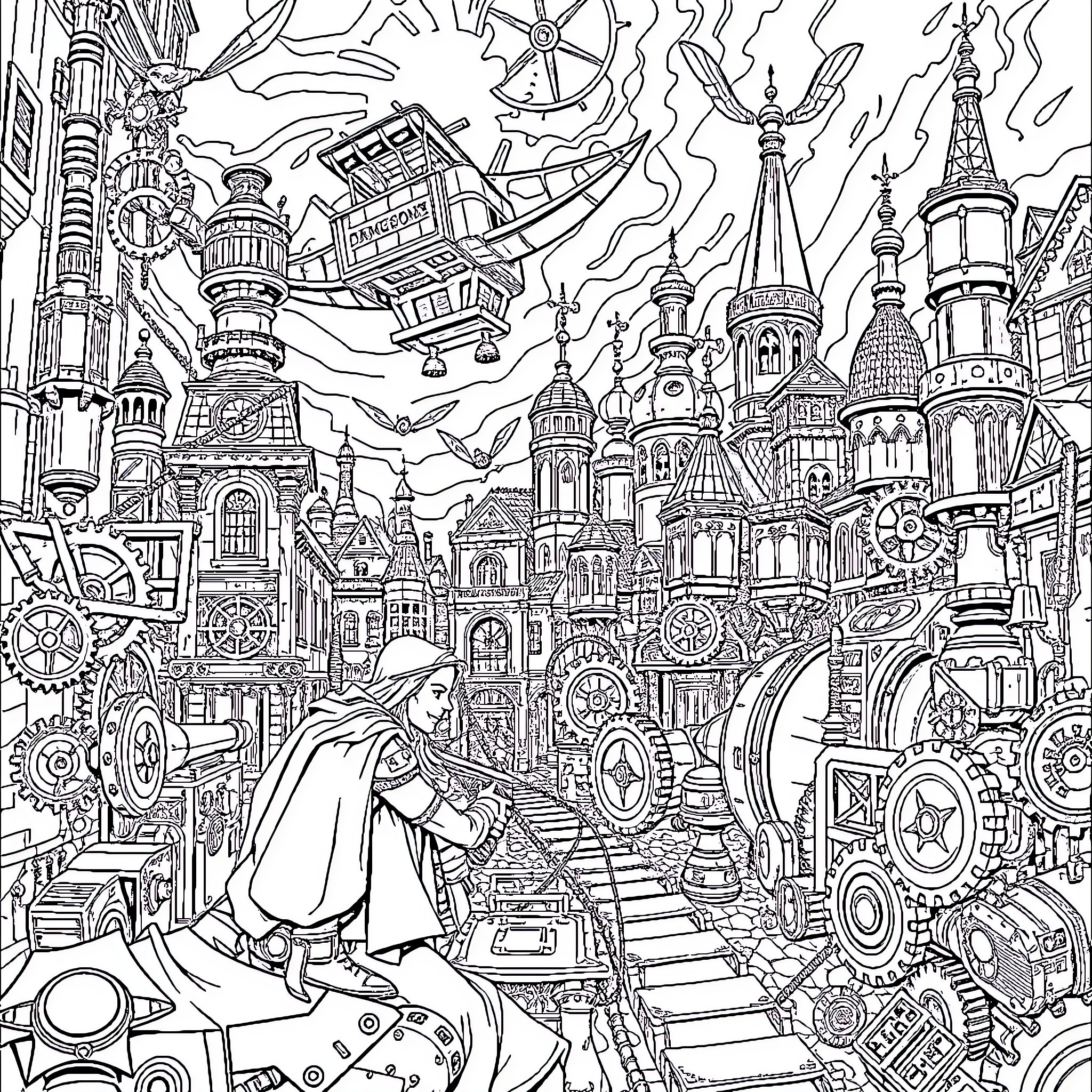 Dungeons and Dragons: Fantastical City of Wonders and Machinery Coloring Page (free black-and-white line drawing printable PDF for all, from beginners to advanced learners, including children, teens, adults, and seniors)