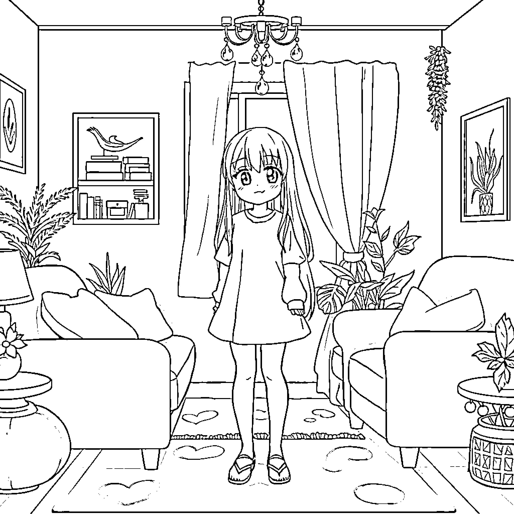 Anime Waifu relaxing in cozy home setting Coloring Page (free black-and-white line drawing printable PDF for all, from beginners to advanced learners, including children, teens, adults, and seniors)