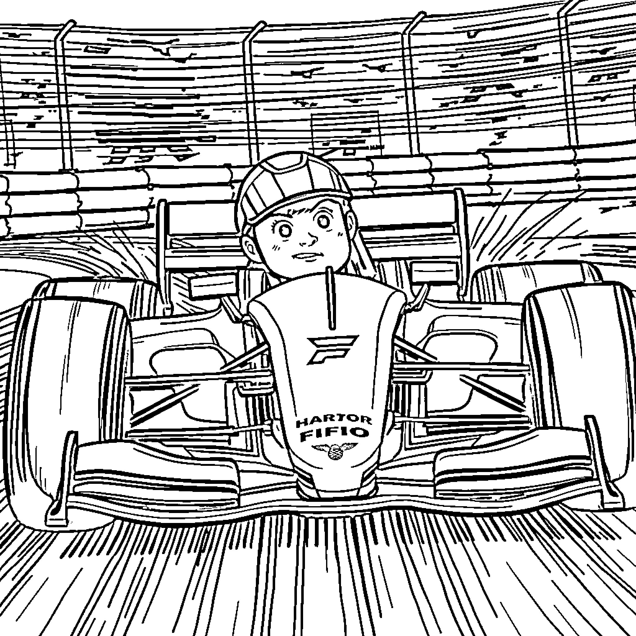 F1 Car Driven by Young Racer in Competition Coloring Page (free black-and-white line drawing printable PDF for all, from beginners to advanced learners, including children, teens, adults, and seniors)