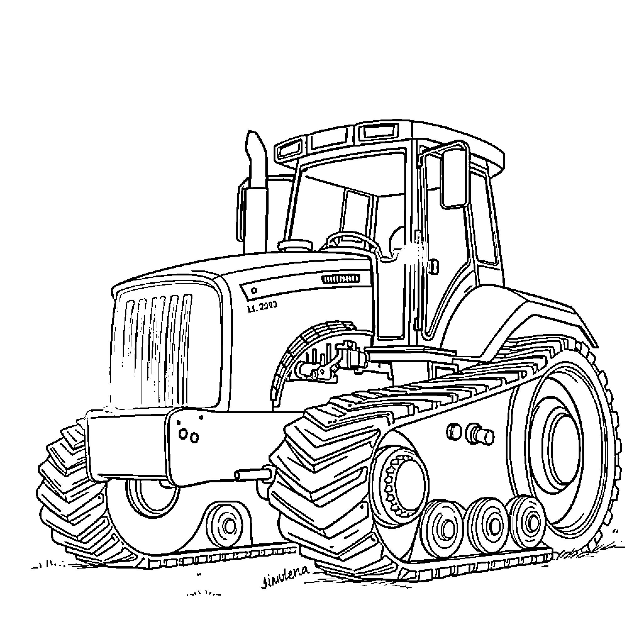 Tractor with caterpillar tracks in action Coloring Page (free black-and-white line drawing printable PDF for all, from beginners to advanced learners, including children, teens, adults, and seniors)