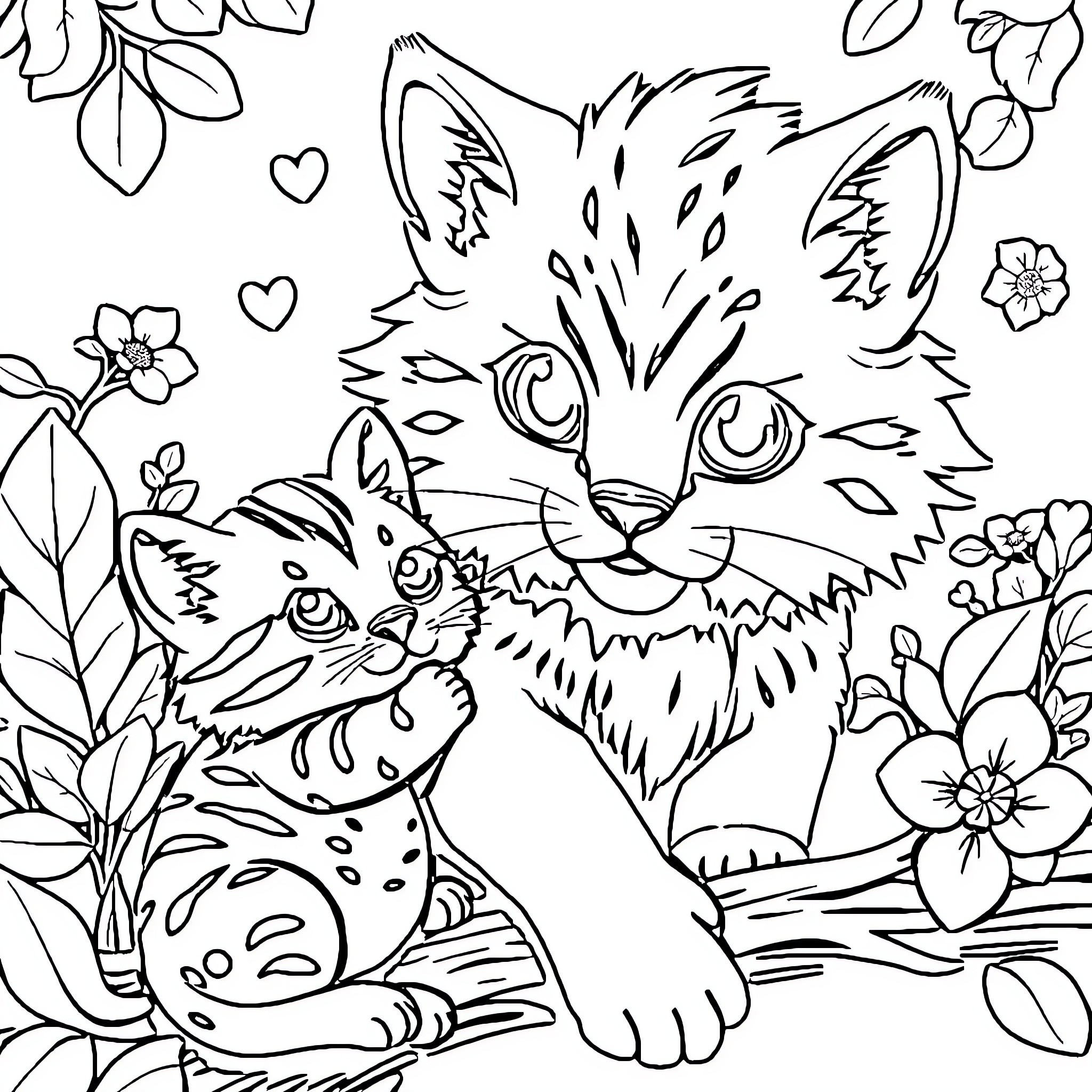 Animal playing with hearts and flowers Coloring Page (free black-and-white line drawing printable PDF for all, from beginners to advanced learners, including children, teens, adults, and seniors)