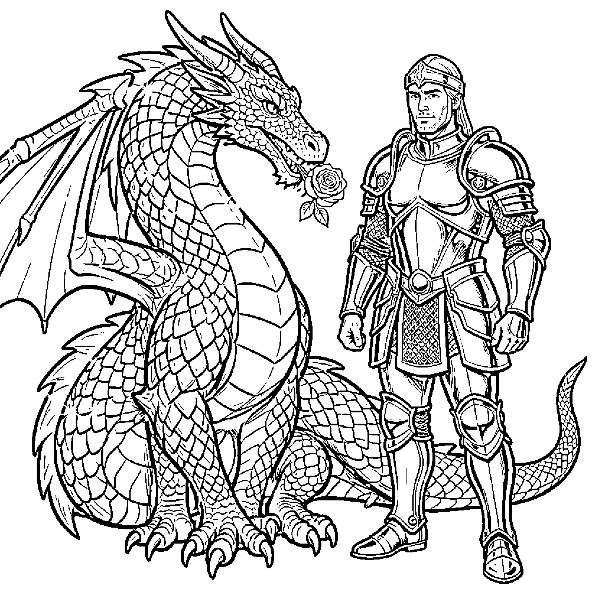 Dragon and a Heroic Knight Coloring Page (free black-and-white line drawing printable PDF for all, from beginners to advanced learners, including children, teens, adults, and seniors)