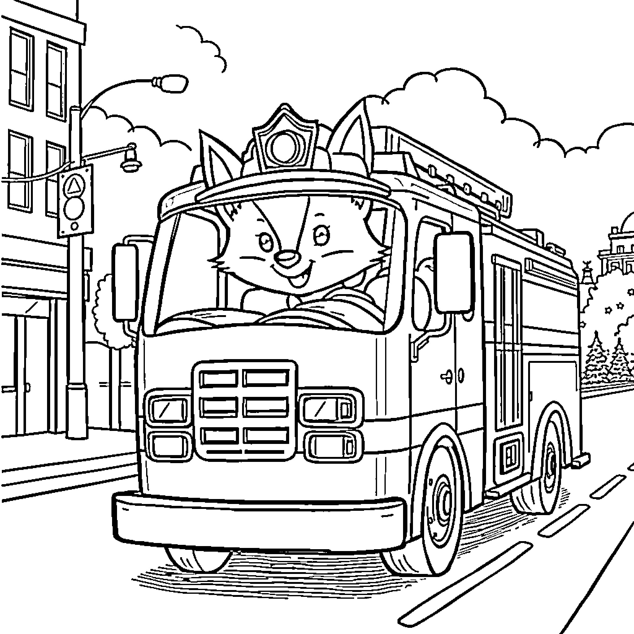 Fox driving firetruck down city street Coloring Page (free black-and-white line drawing printable PDF for all, from beginners to advanced learners, including children, teens, adults, and seniors)
