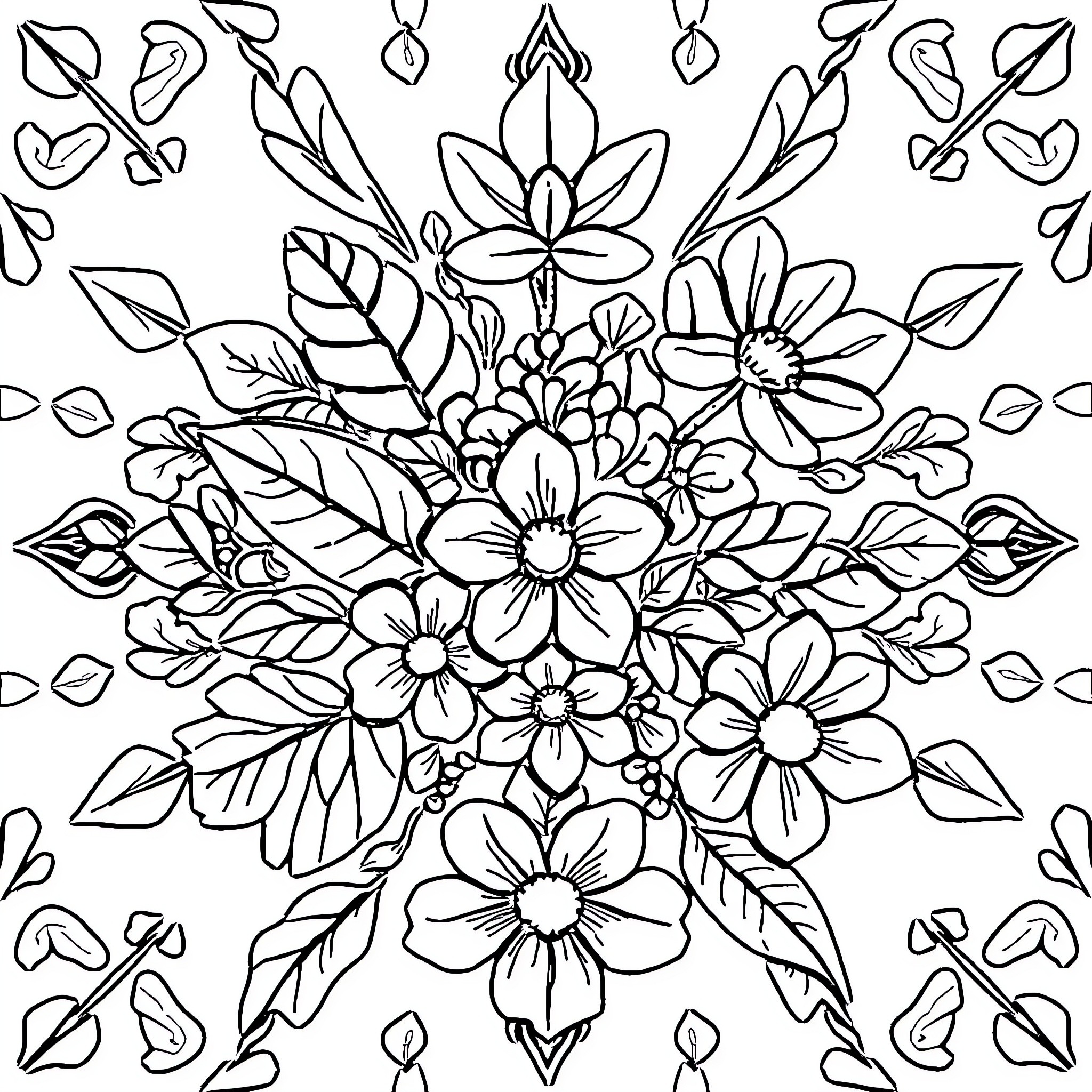 Leaf floral pattern with stylized flowers Coloring Page (free black-and-white line drawing printable PDF for all, from beginners to advanced learners, including children, teens, adults, and seniors)