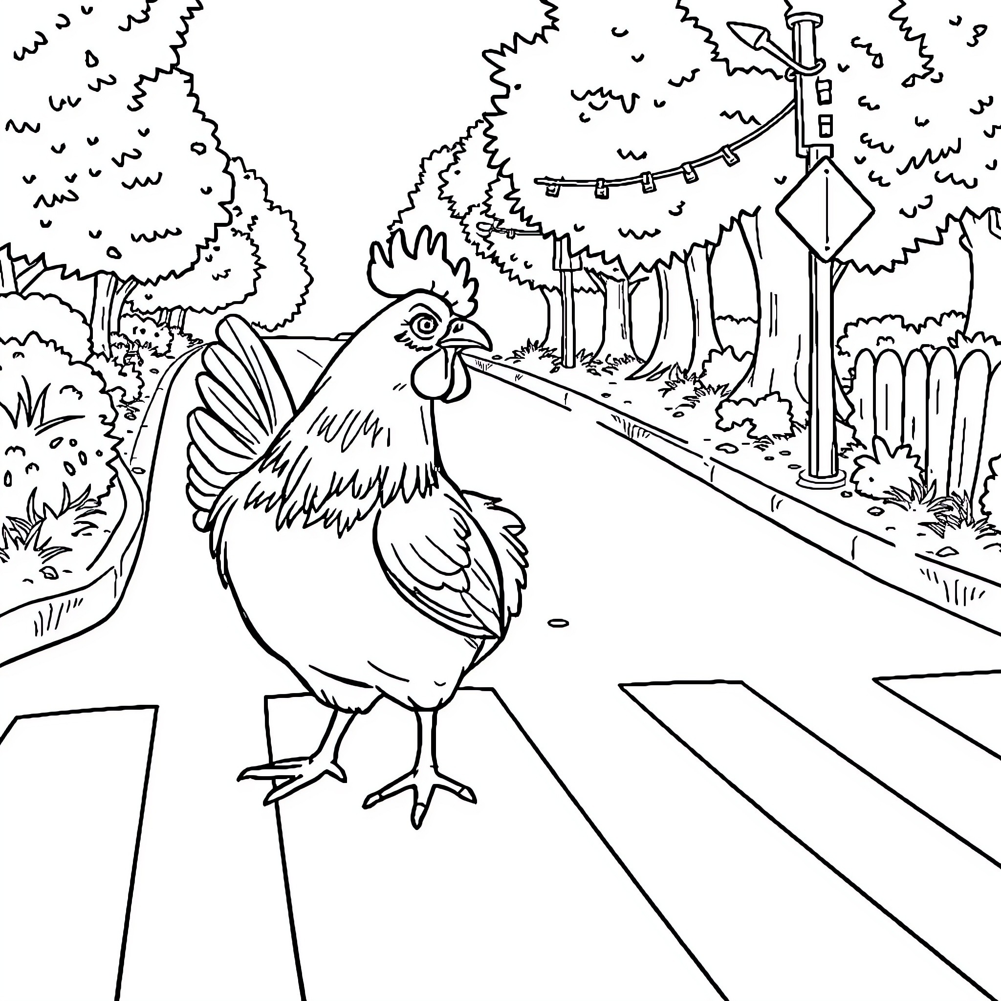 Chicken strutting down a rural path Coloring Page (free black-and-white line drawing printable PDF for all, from beginners to advanced learners, including children, teens, adults, and seniors)