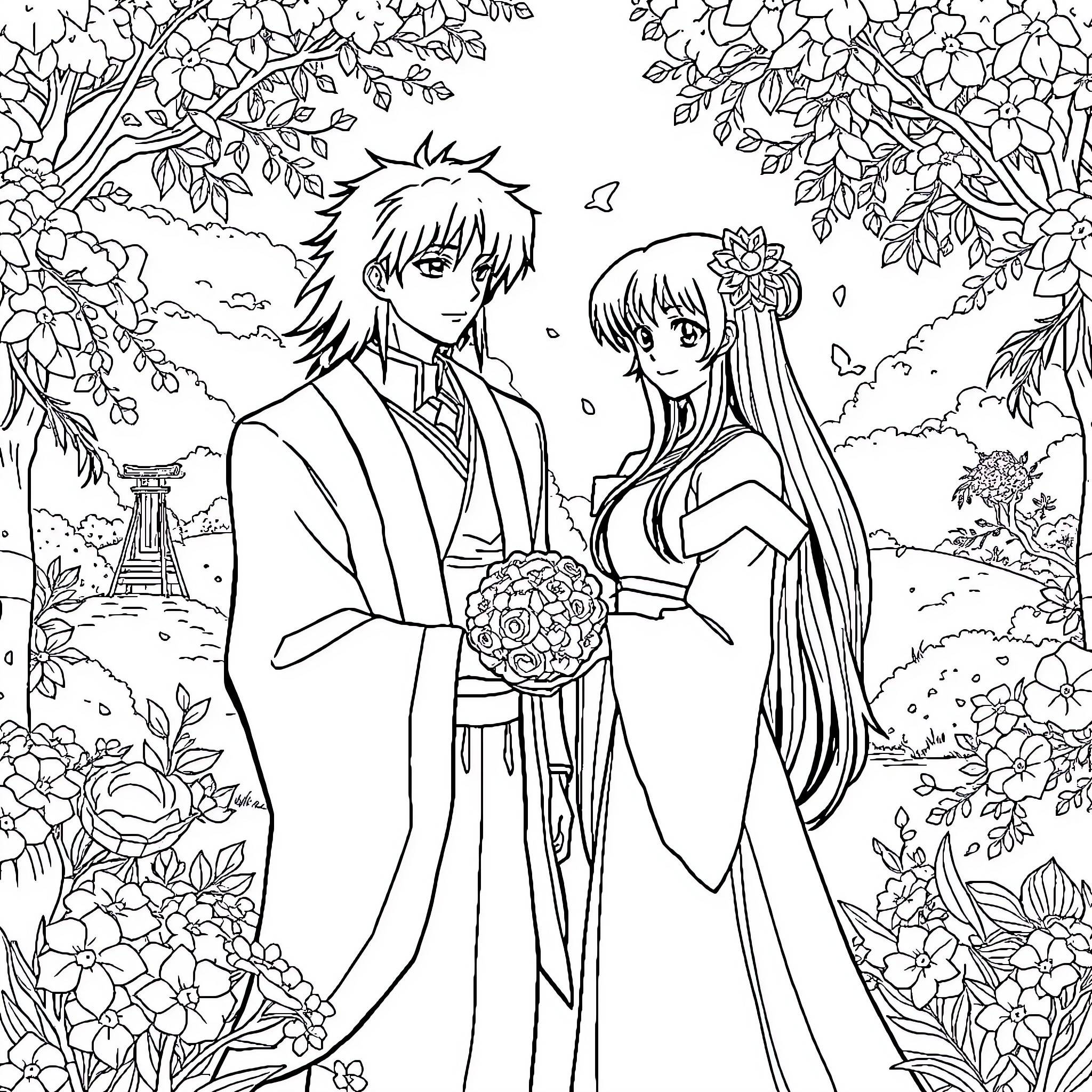 Sesshomaru and Rin in a Serene Garden Coloring Page (free black-and-white line drawing printable PDF for all, from beginners to advanced learners, including children, teens, adults, and seniors)