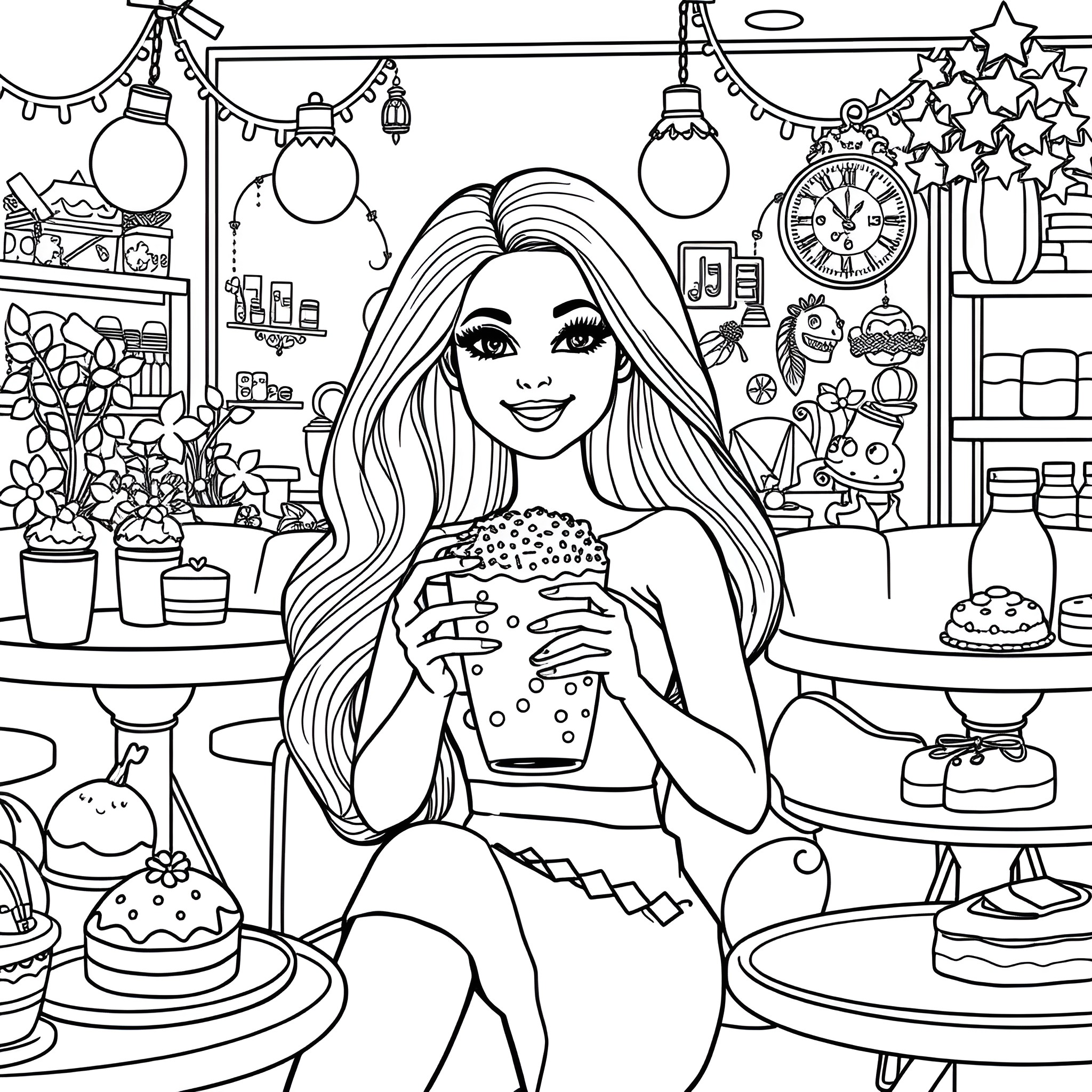 Barbie Enjoying Treats in a Cozy Cafe Coloring Page (free black-and-white line drawing printable PDF for all, from beginners to advanced learners, including children, teens, adults, and seniors)