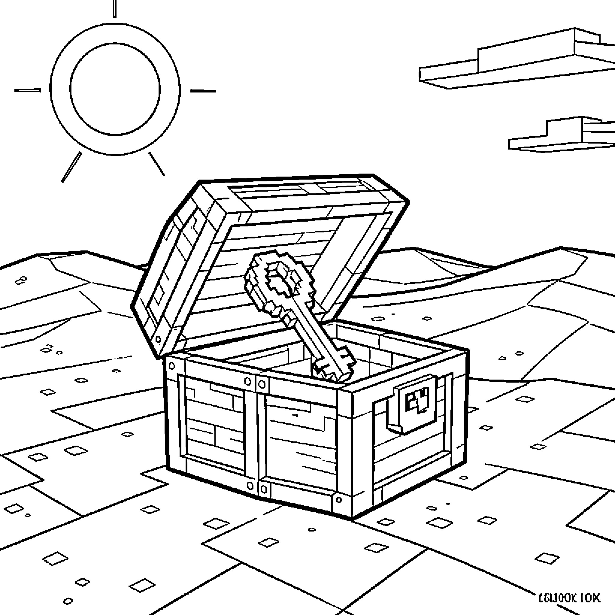 Minecraft Key - Treasure Chest in Desert Landscape Coloring Page (free black-and-white line drawing printable PDF for all, from beginners to advanced learners, including children, teens, adults, and seniors)