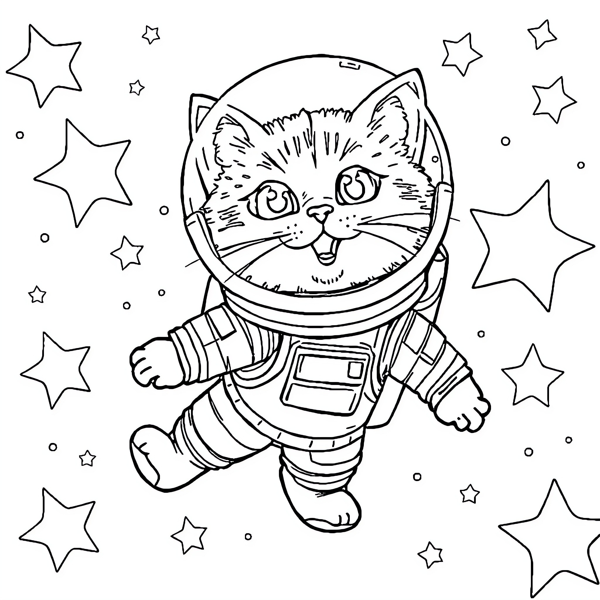Astronaut cat exploring the starry galaxy Coloring Page (free black-and-white line drawing printable PDF for all, from beginners to advanced learners, including children, teens, adults, and seniors)