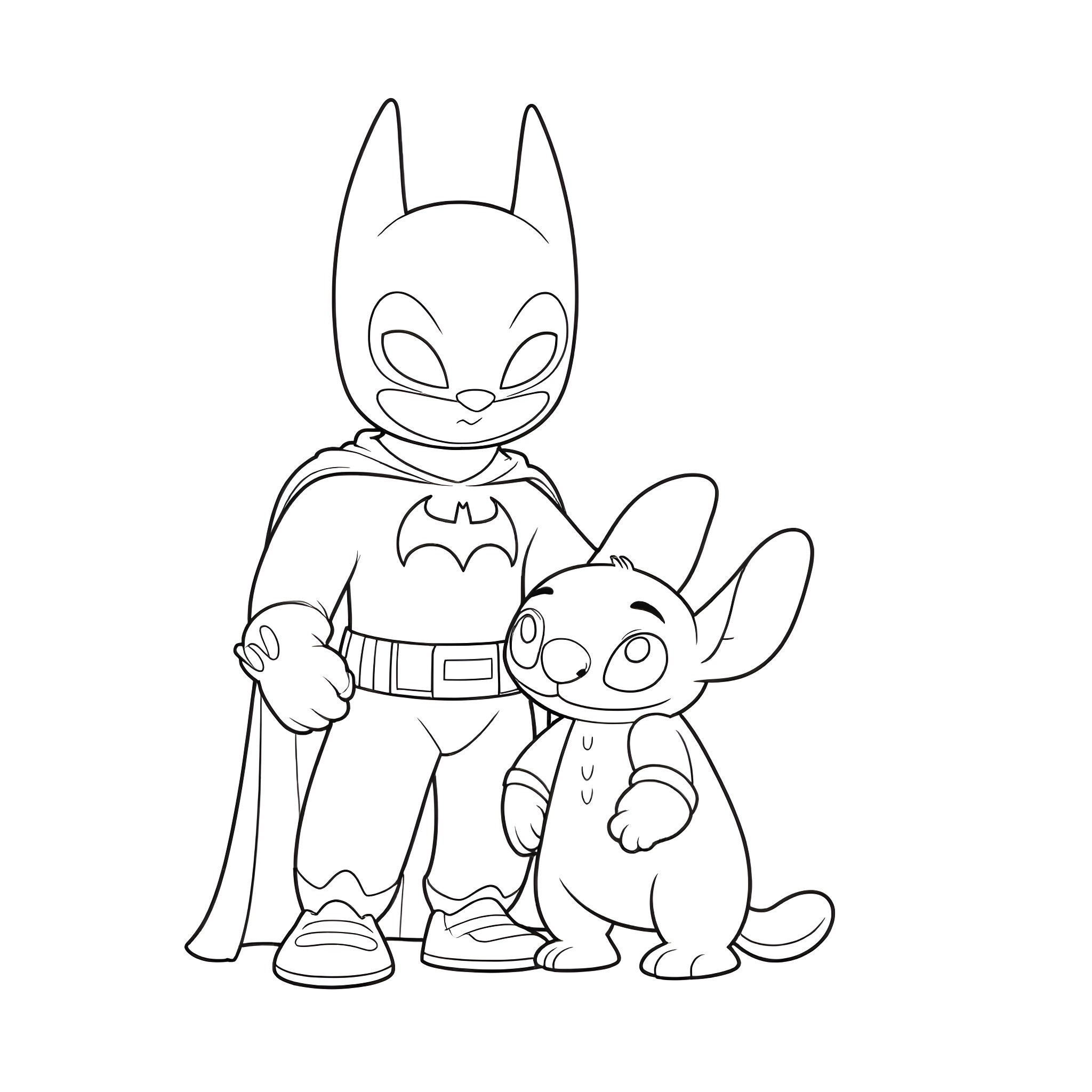 Batman and Stitch in Cartoon Adventure Coloring Page (free black-and-white line drawing printable PDF for all, from beginners to advanced learners, including children, teens, adults, and seniors)