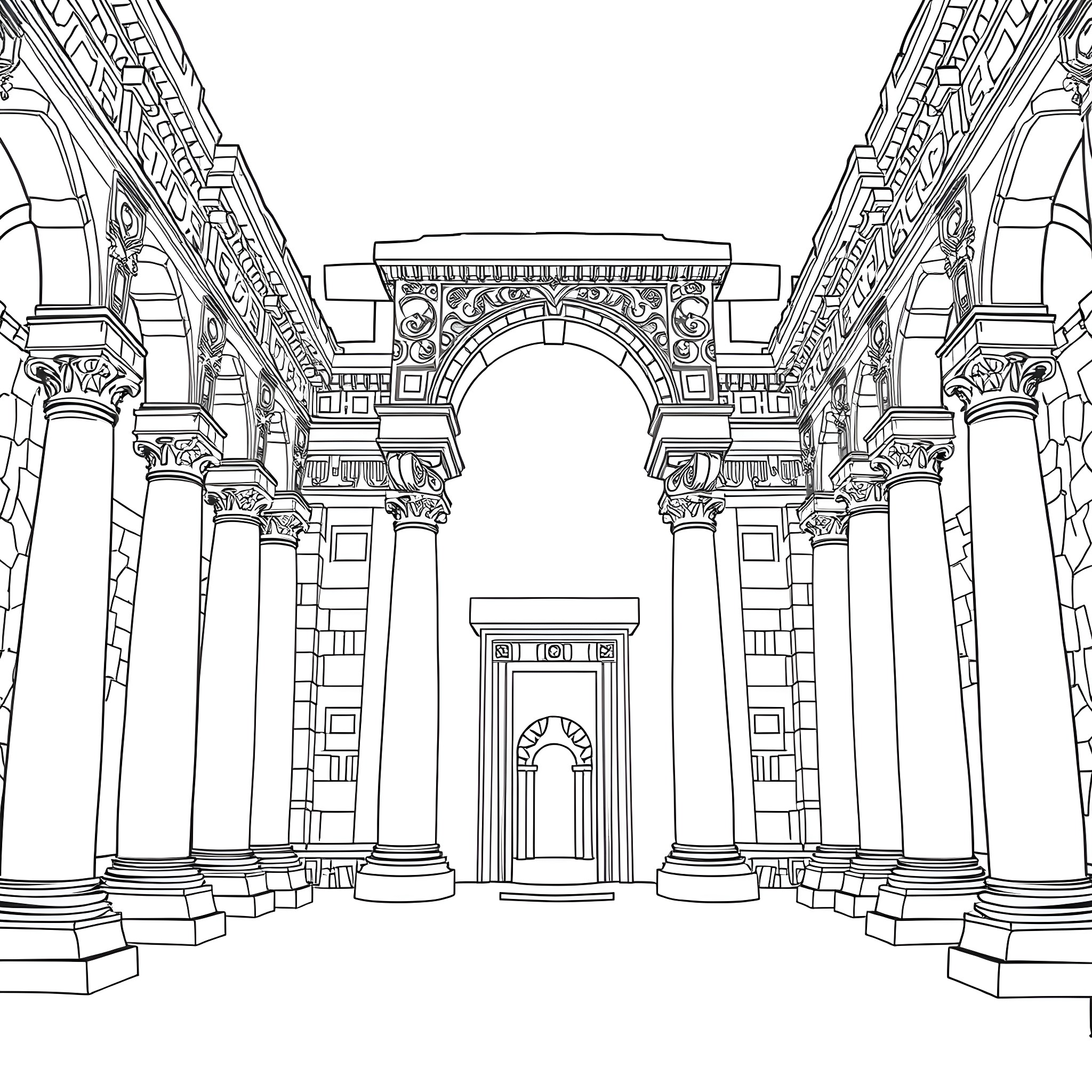 Ancient Life in an Ornate Architectural Masterpiece Coloring Page (free black-and-white line drawing printable PDF for all, from beginners to advanced learners, including children, teens, adults, and seniors)