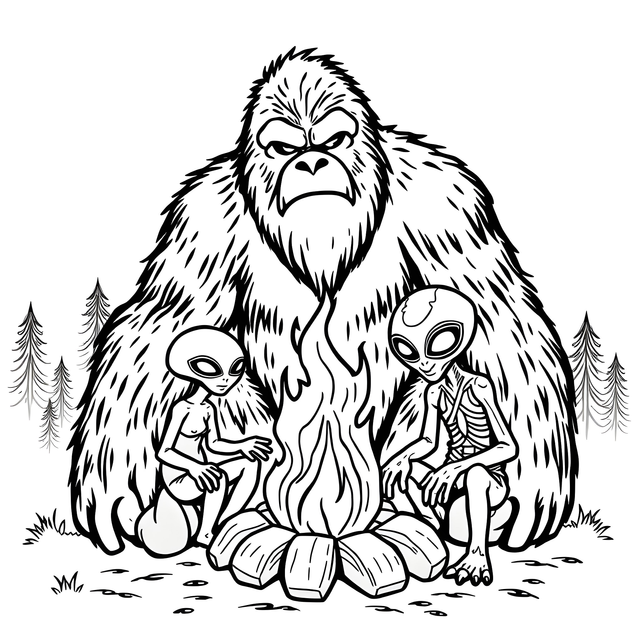 Bigfoot campfire with alien companions in the woods Coloring Page (free black-and-white line drawing printable PDF for all, from beginners to advanced learners, including children, teens, adults, and seniors)