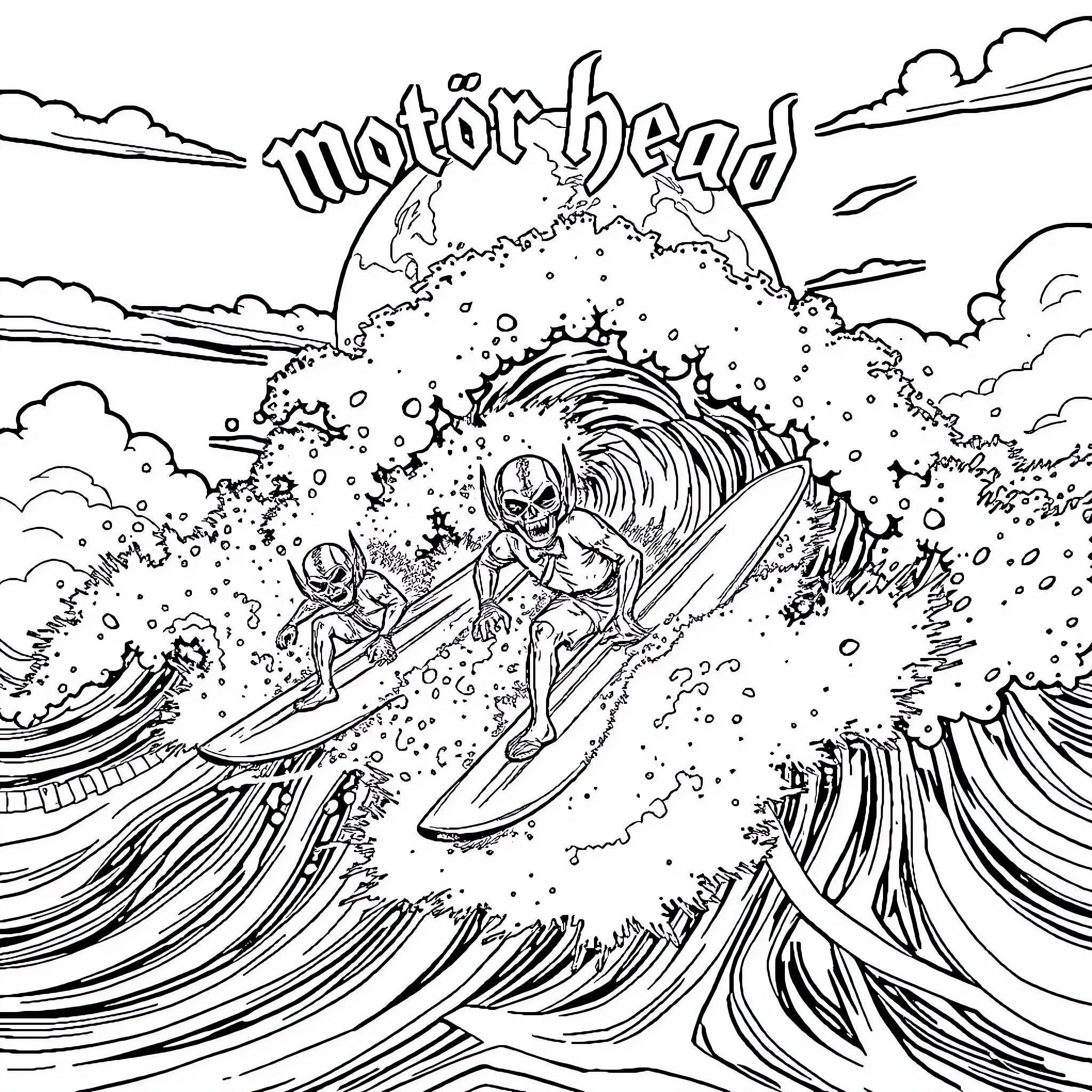 Motörhead riding extreme waves Coloring Page (free black-and-white line drawing printable PDF for all, from beginners to advanced learners, including children, teens, adults, and seniors)