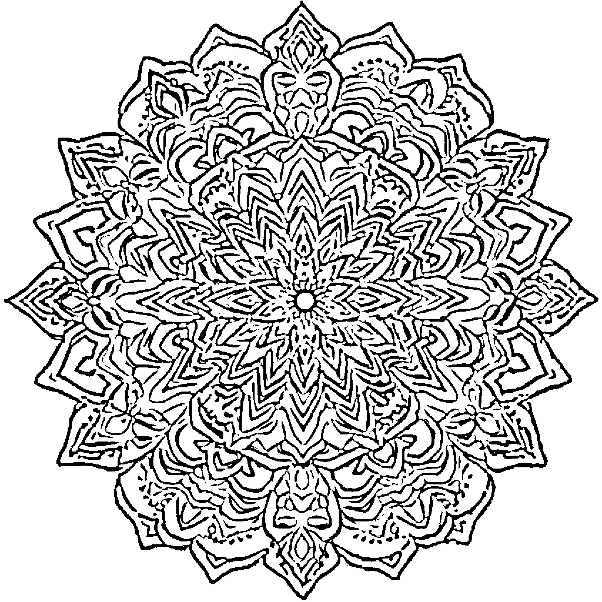 Mandala of intricate geometric patterns Coloring Page (free black-and-white line drawing printable PDF for all, from beginners to advanced learners, including children, teens, adults, and seniors)