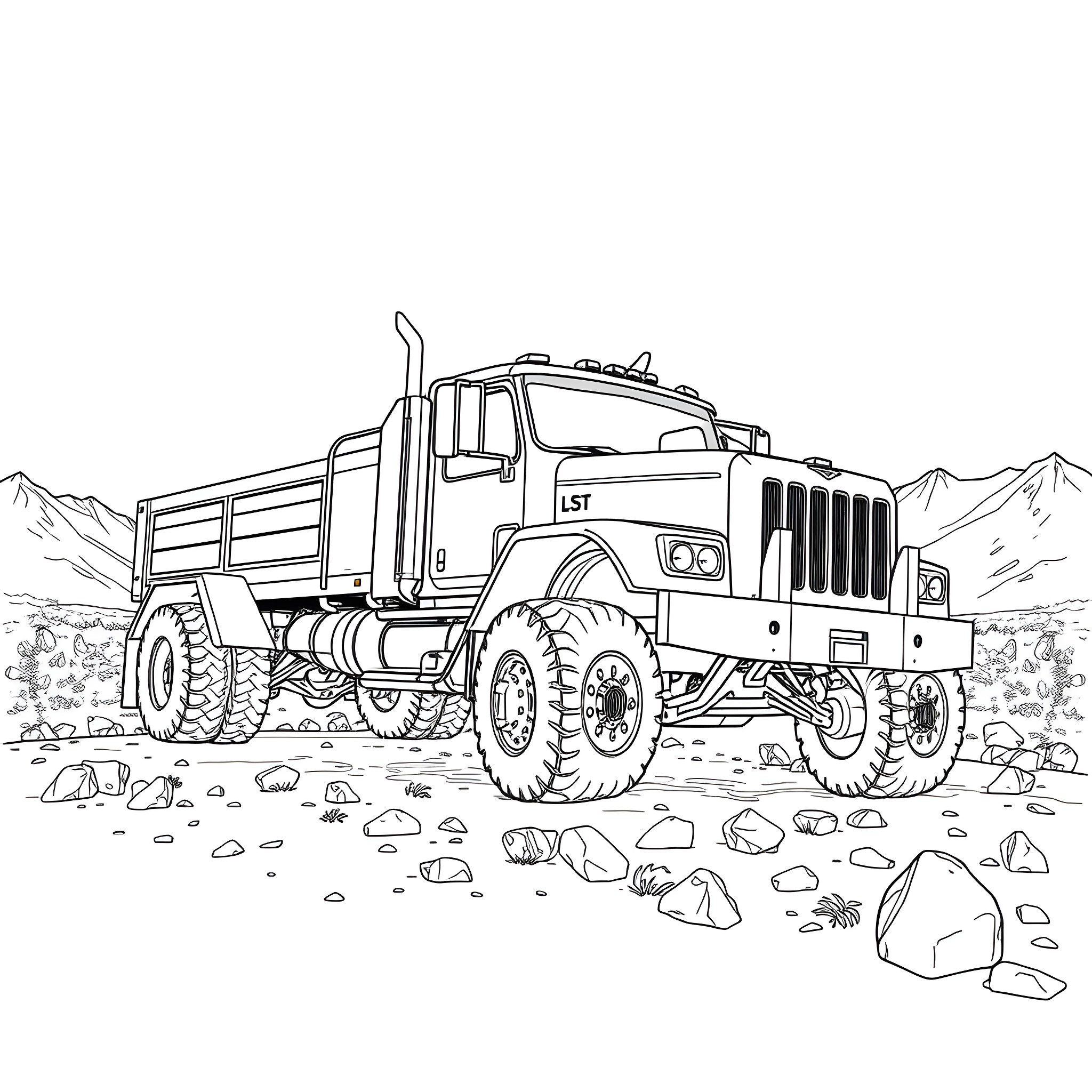 Dually Truck Hauling in the Rocky Mountains Coloring Page (free black-and-white line drawing printable PDF for all, from beginners to advanced learners, including children, teens, adults, and seniors)