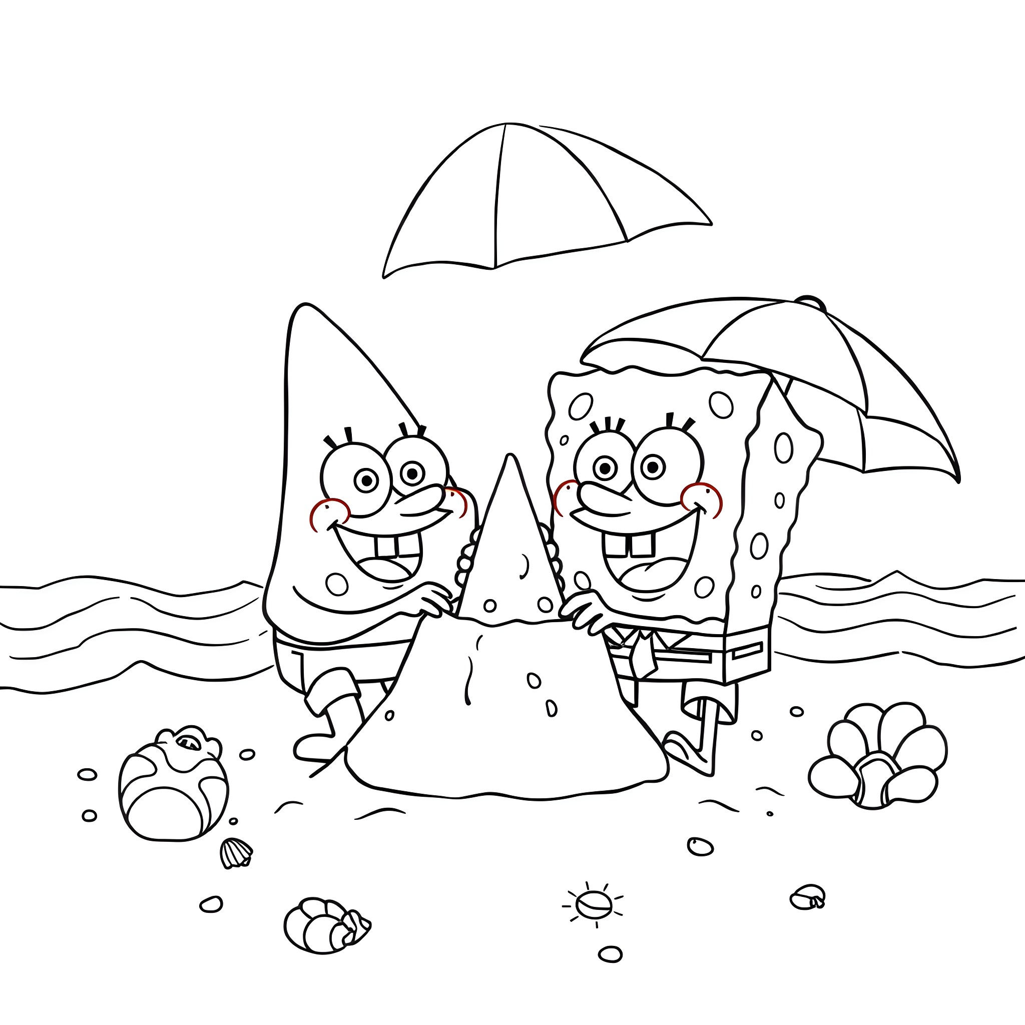 Spongebob and Patrick enjoying the beach with umbrellas Coloring Page (free black-and-white line drawing printable PDF for all, from beginners to advanced learners, including children, teens, adults, and seniors)