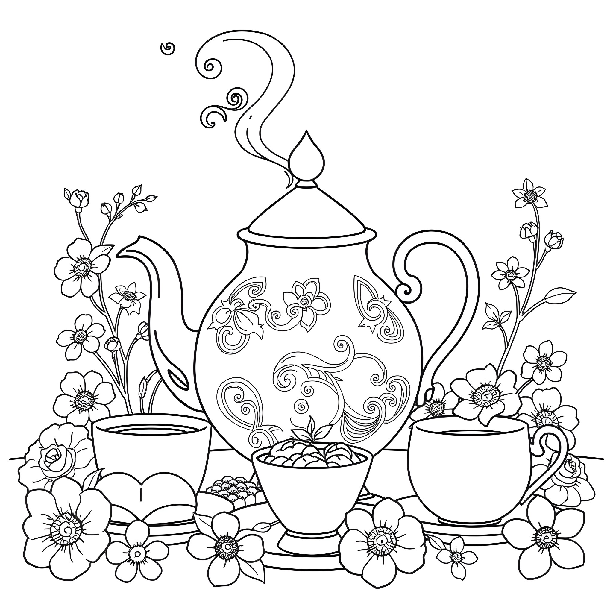 Tea Time Floral Delight Coloring Page (free black-and-white line drawing printable PDF for all, from beginners to advanced learners, including children, teens, adults, and seniors)