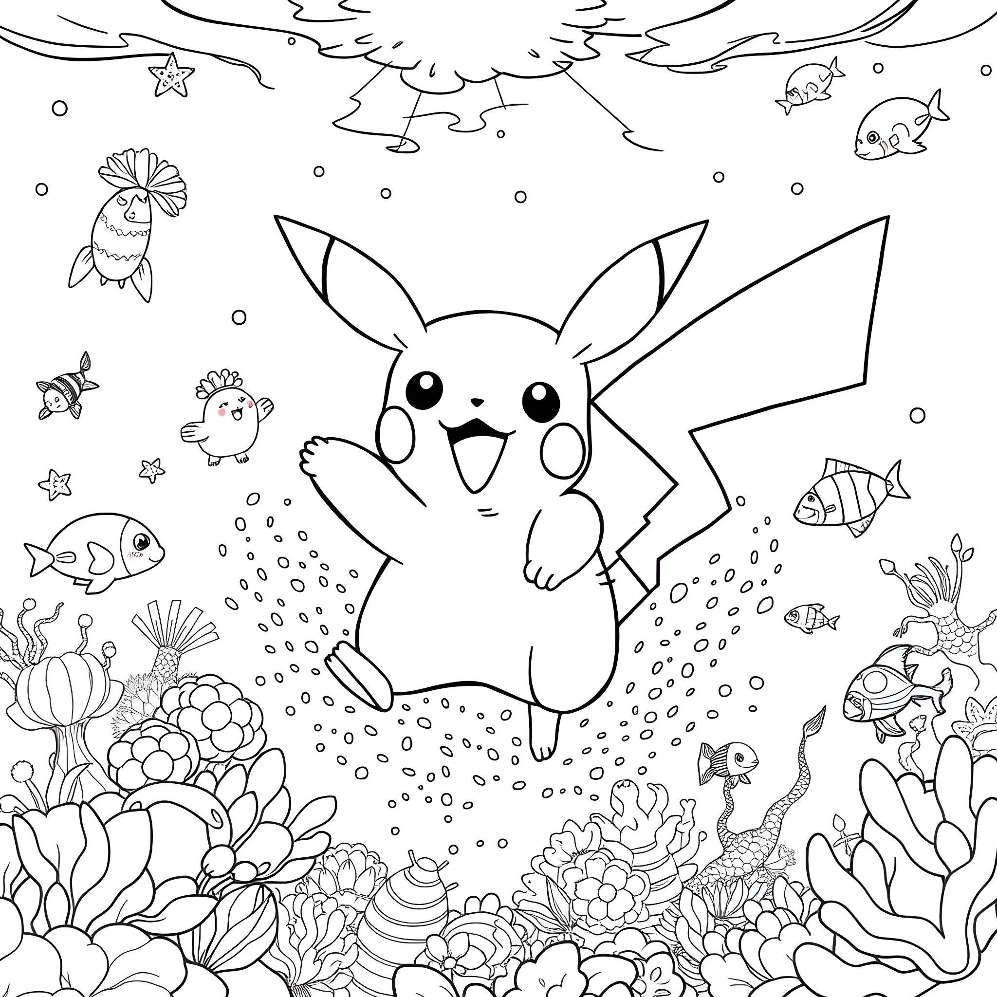 Pikachu playing happily in the underwater world Coloring Page (free black-and-white line drawing printable PDF for all, from beginners to advanced learners, including children, teens, adults, and seniors)