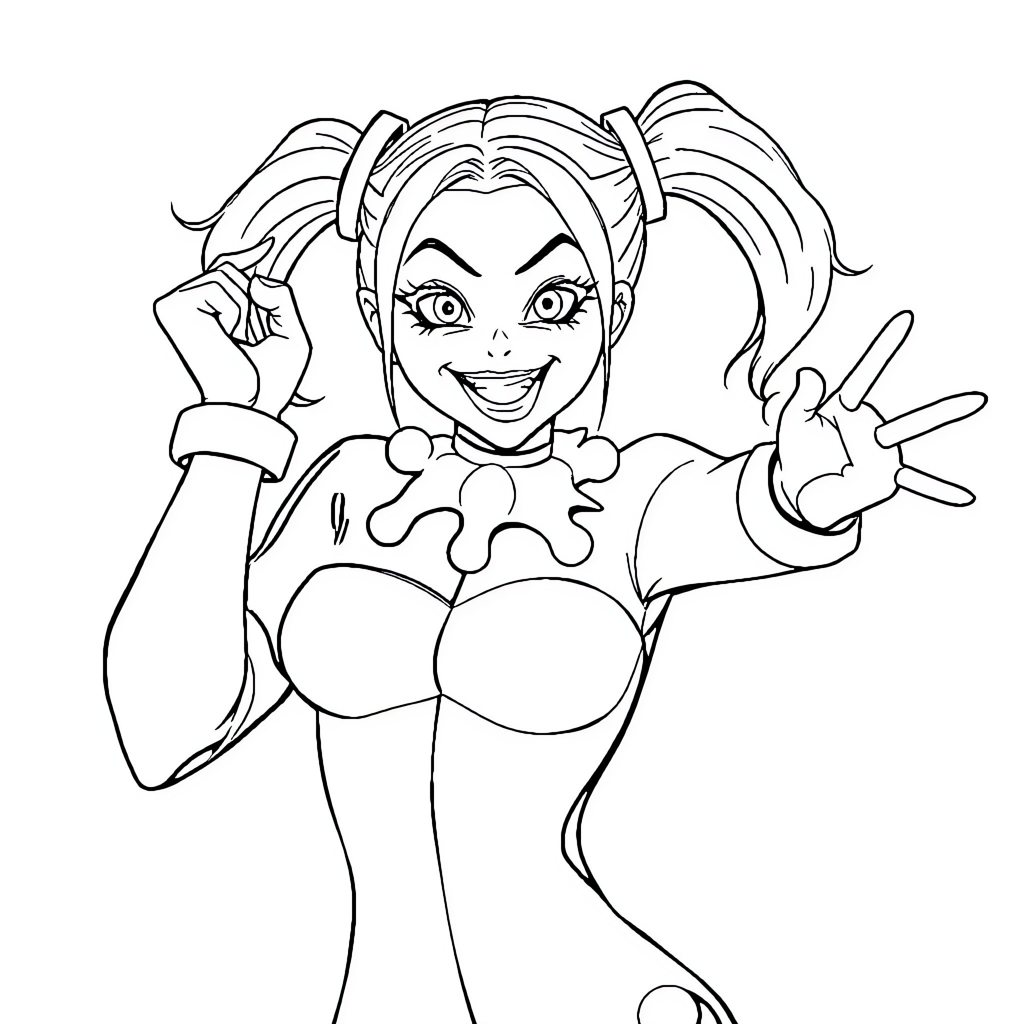 Harley Quinn making a playful pose Coloring Page (free black-and-white line drawing printable PDF for all, from beginners to advanced learners, including children, teens, adults, and seniors)
