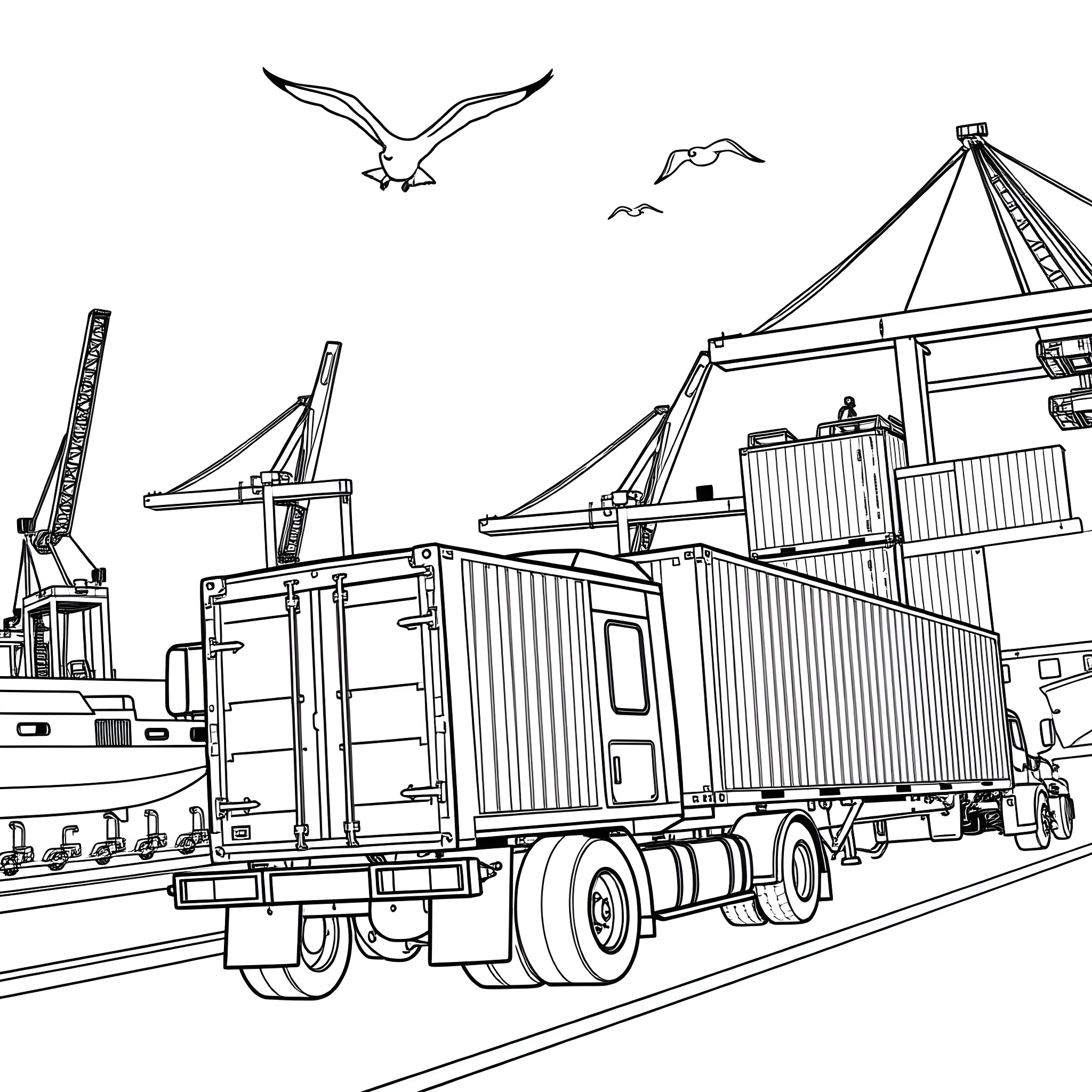 Truck transporting cargo containers at port Coloring Page (free black-and-white line drawing printable PDF for all, from beginners to advanced learners, including children, teens, adults, and seniors)