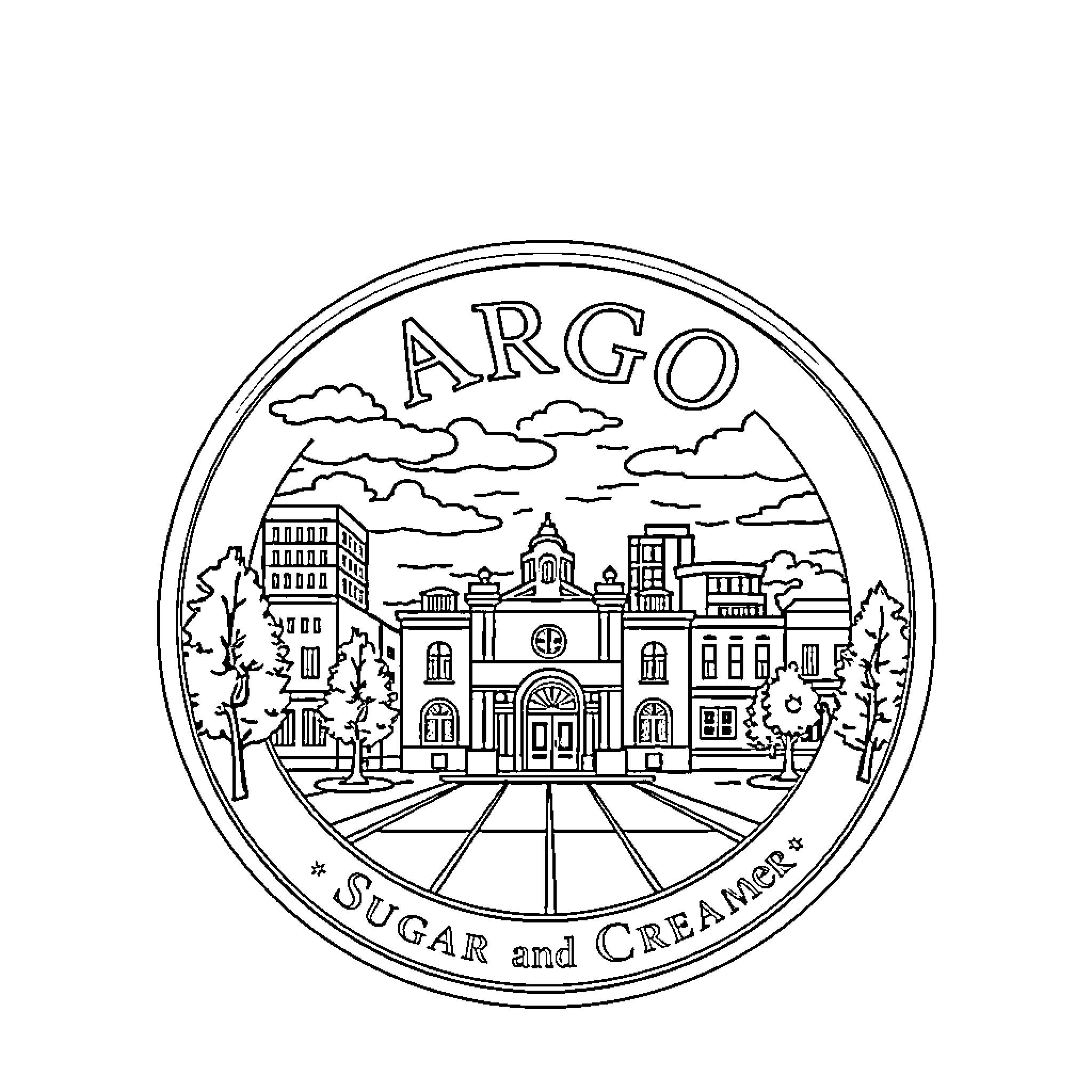 Seal of the town of Argo with sugar and cream Coloring Page (free black-and-white line drawing printable PDF for all, from beginners to advanced learners, including children, teens, adults, and seniors)