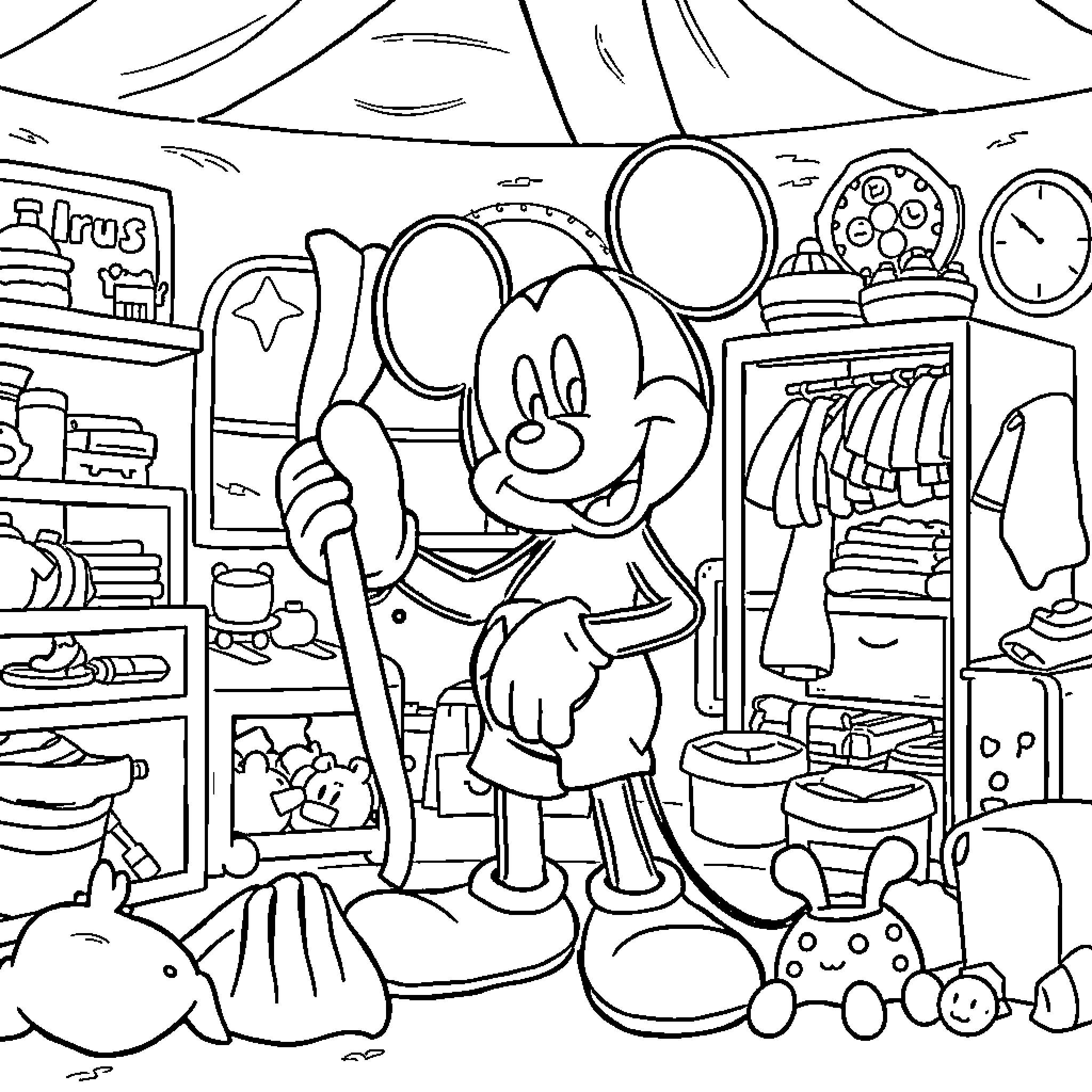 Mickey Mouse exploring a cluttered room with toys and clothes Coloring Page (free black-and-white line drawing printable PDF for all, from beginners to advanced learners, including children, teens, adults, and seniors)