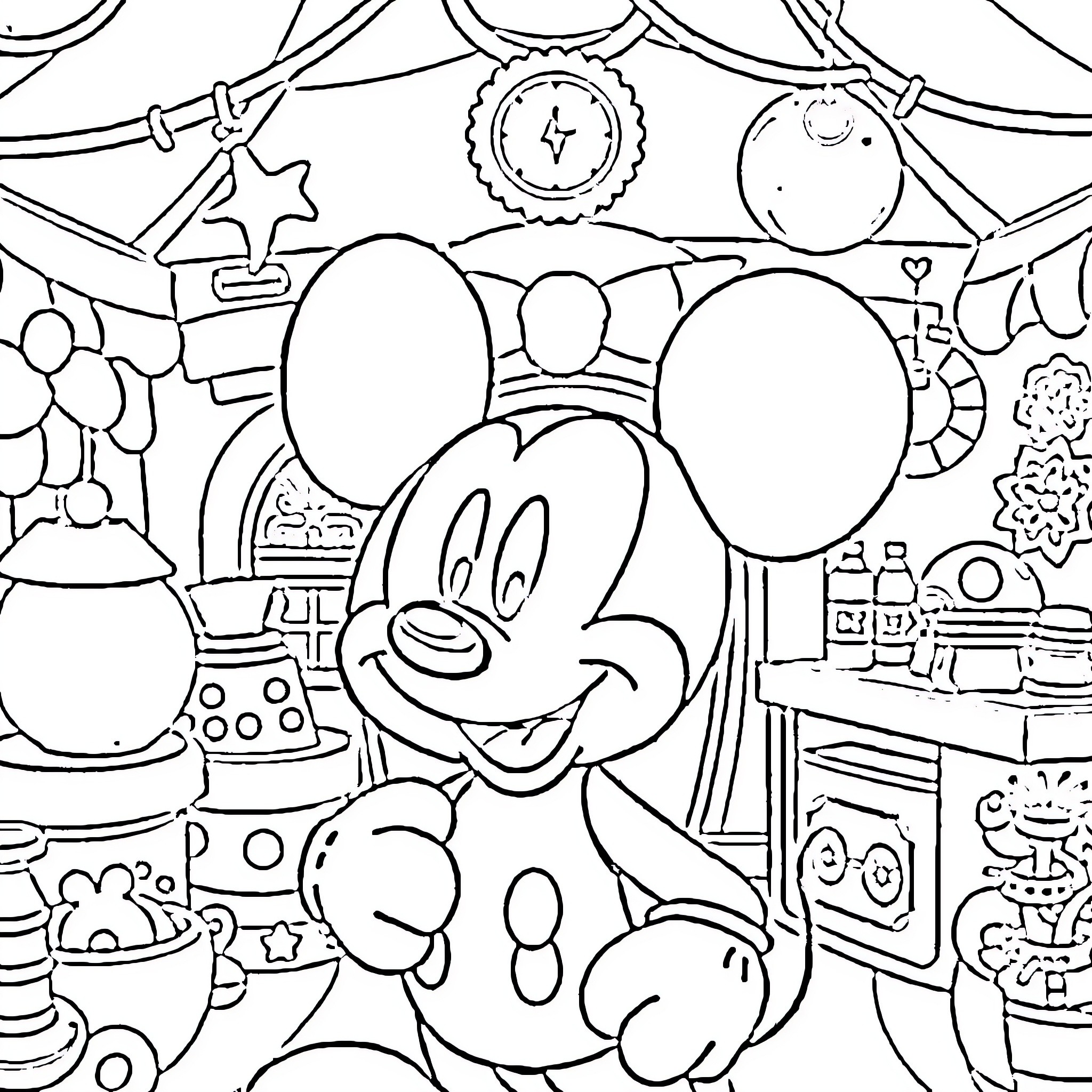 Mickey Mouse enjoying a carnival celebration Coloring Page (free black-and-white line drawing printable PDF for all, from beginners to advanced learners, including children, teens, adults, and seniors)