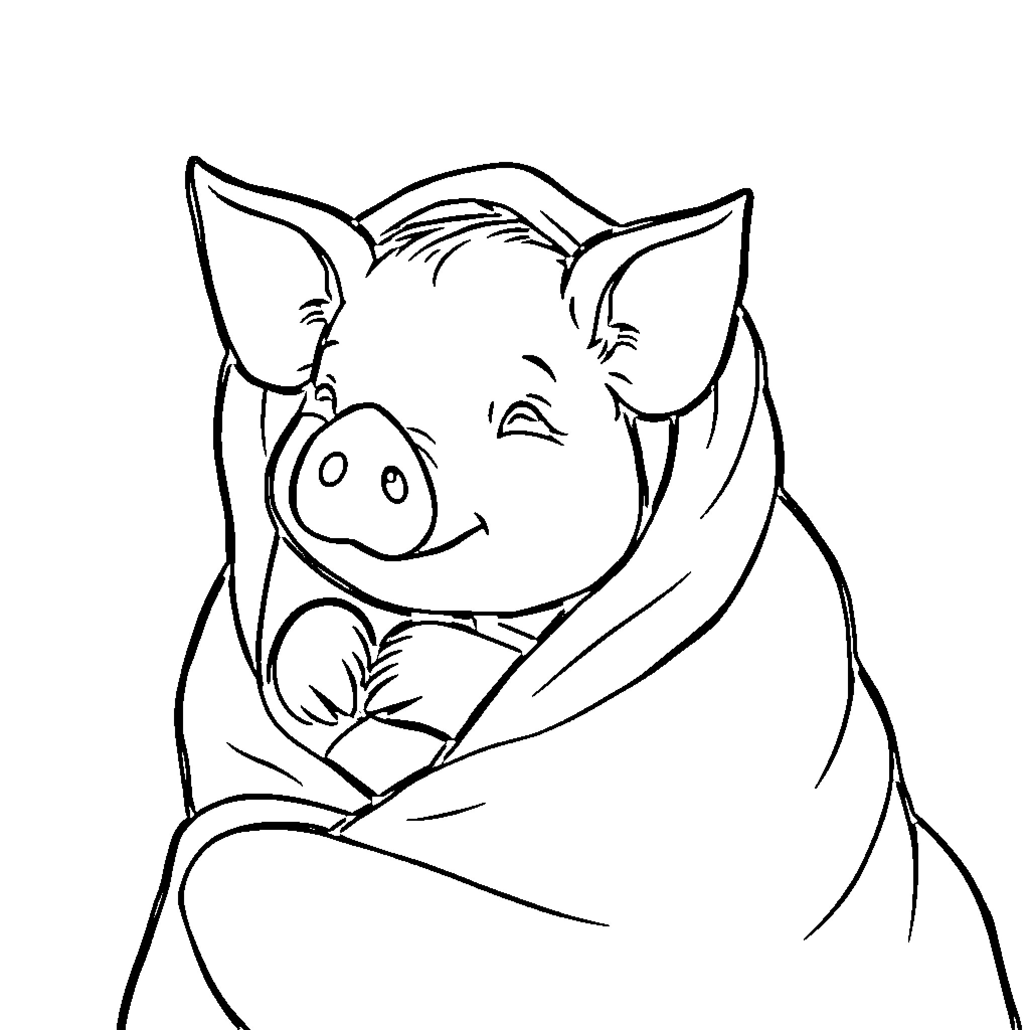 Pig in a cozy blanket Coloring Page (free black-and-white line drawing printable PDF for all, from beginners to advanced learners, including children, teens, adults, and seniors)