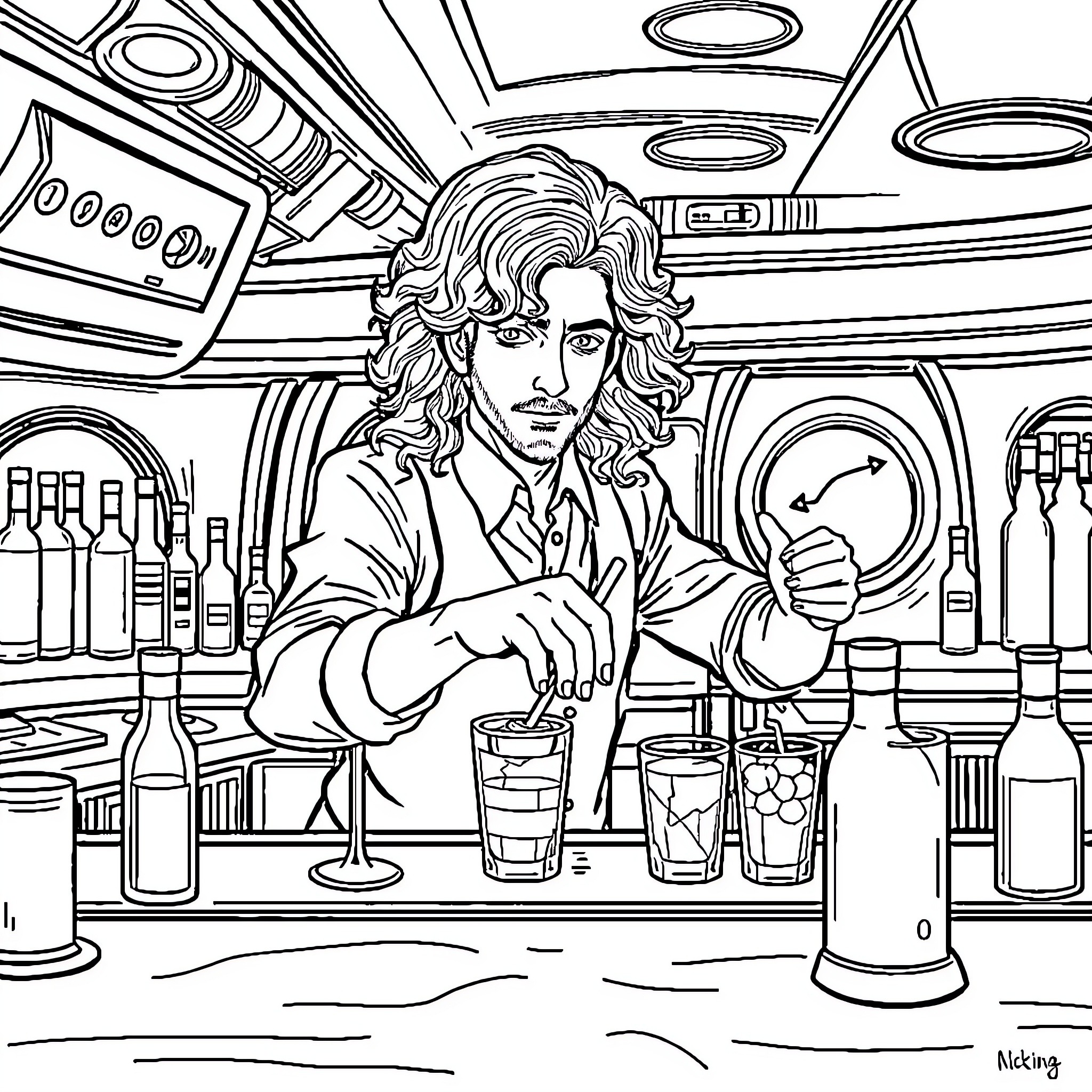 Bartender Serving Drinks at the Bar Coloring Page (free black-and-white line drawing printable PDF for all, from beginners to advanced learners, including children, teens, adults, and seniors)