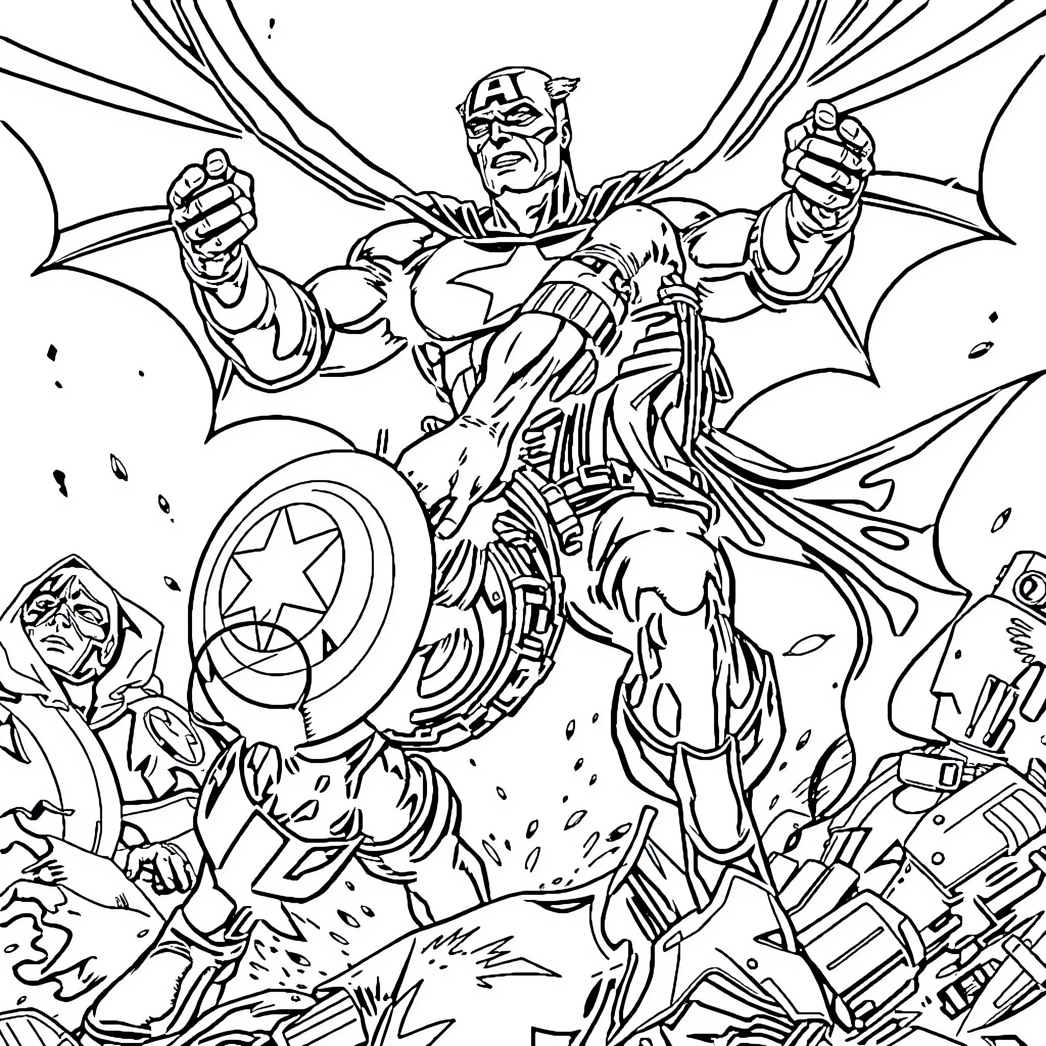 Captain America in action-packed heroic pose Coloring Page (free black-and-white line drawing printable PDF for all, from beginners to advanced learners, including children, teens, adults, and seniors)