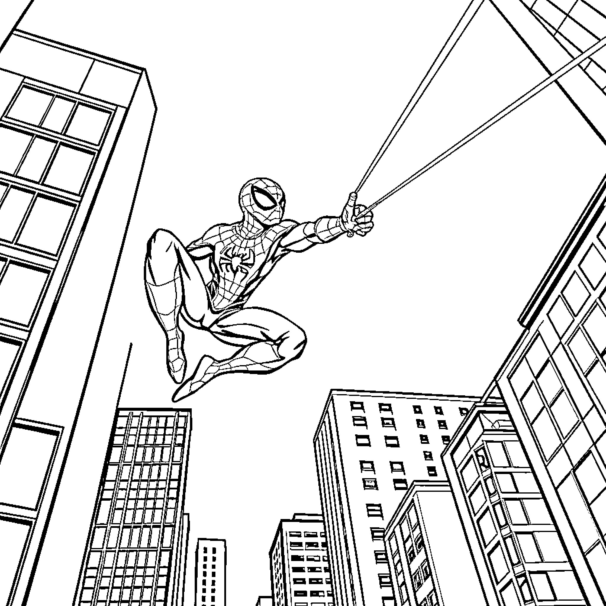 Spiderman swinging heroically through cityscape Coloring Page (free black-and-white line drawing printable PDF for all, from beginners to advanced learners, including children, teens, adults, and seniors)