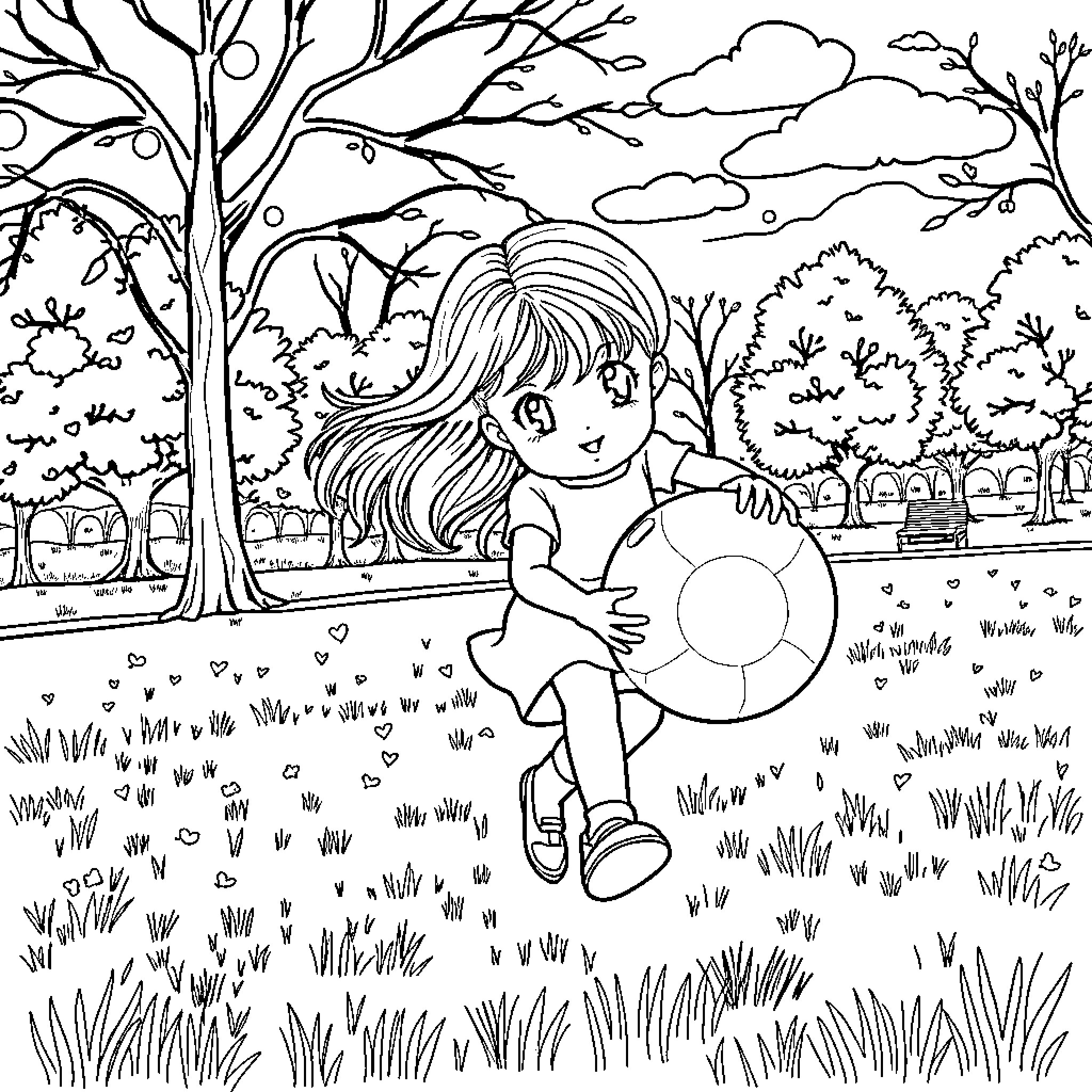 Girl playing with ball in park Coloring Page (free black-and-white line drawing printable PDF for all, from beginners to advanced learners, including children, teens, adults, and seniors)