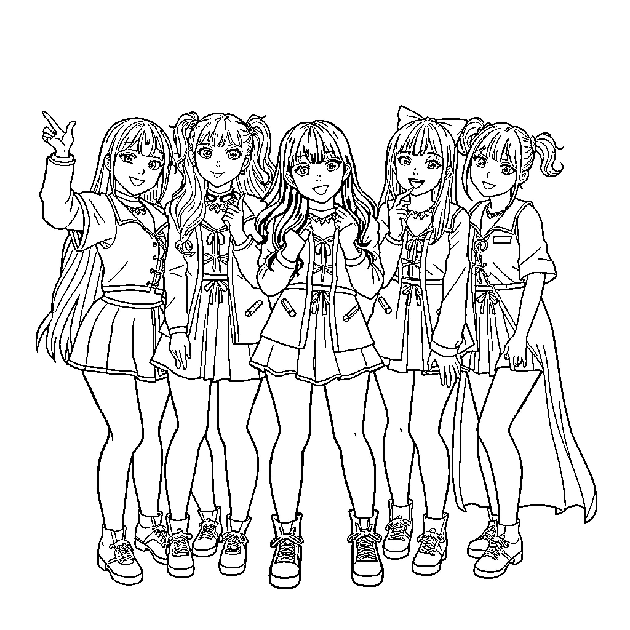 Guerrera: Fashionable Friends in Action Coloring Page (free black-and-white line drawing printable PDF for all, from beginners to advanced learners, including children, teens, adults, and seniors)
