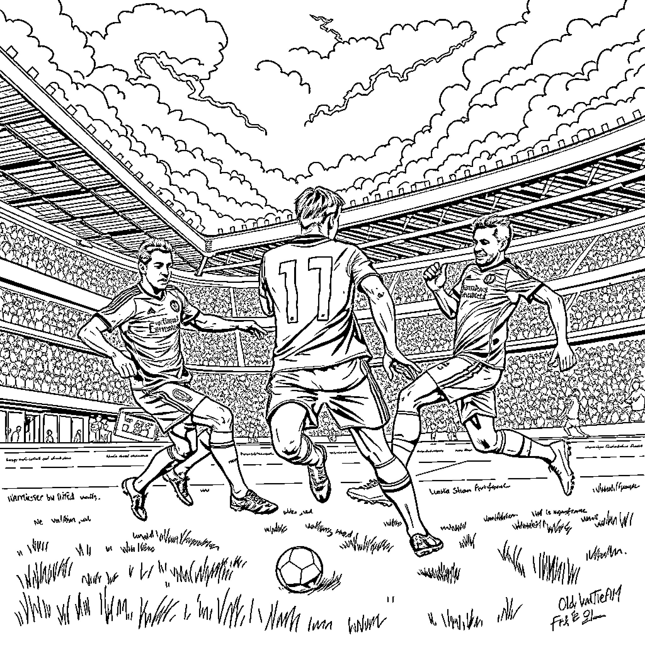 Football players competing in a match on the field Coloring Page (free black-and-white line drawing printable PDF for all, from beginners to advanced learners, including children, teens, adults, and seniors)
