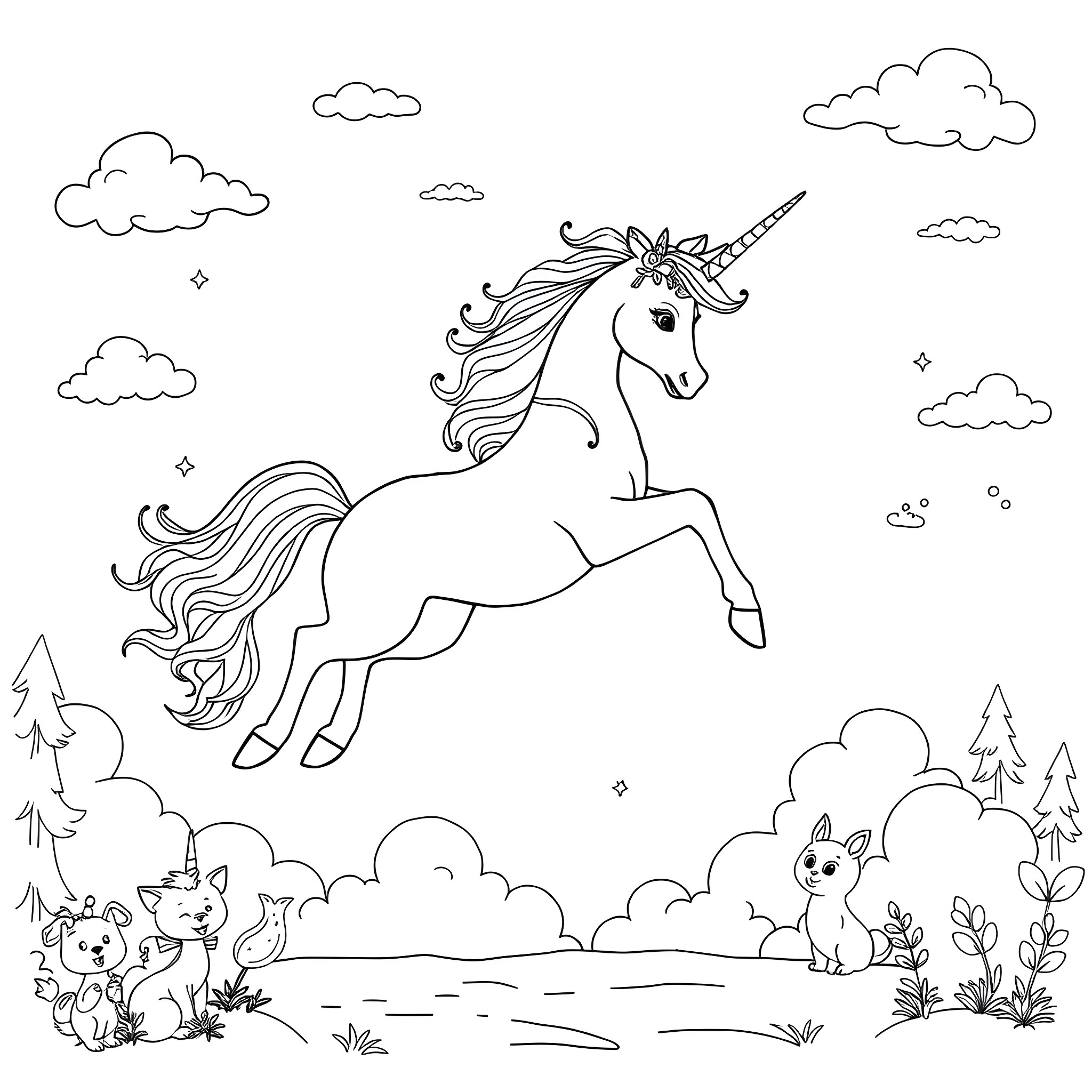 Unicorn galloping in a magical forest Coloring Page (free black-and-white line drawing printable PDF for all, from beginners to advanced learners, including children, teens, adults, and seniors)