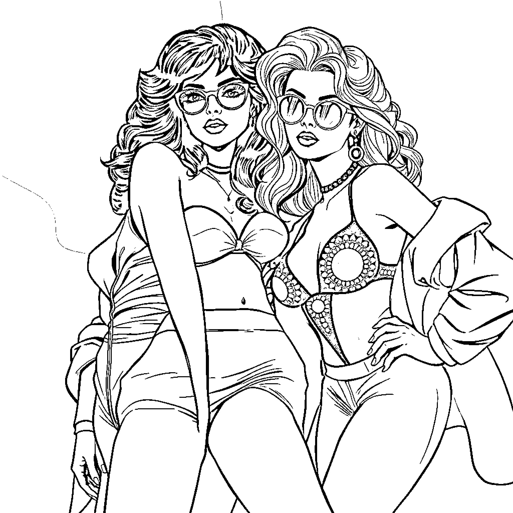 Pinup ladies in stylish attire and poses Coloring Page (free black-and-white line drawing printable PDF for all, from beginners to advanced learners, including children, teens, adults, and seniors)