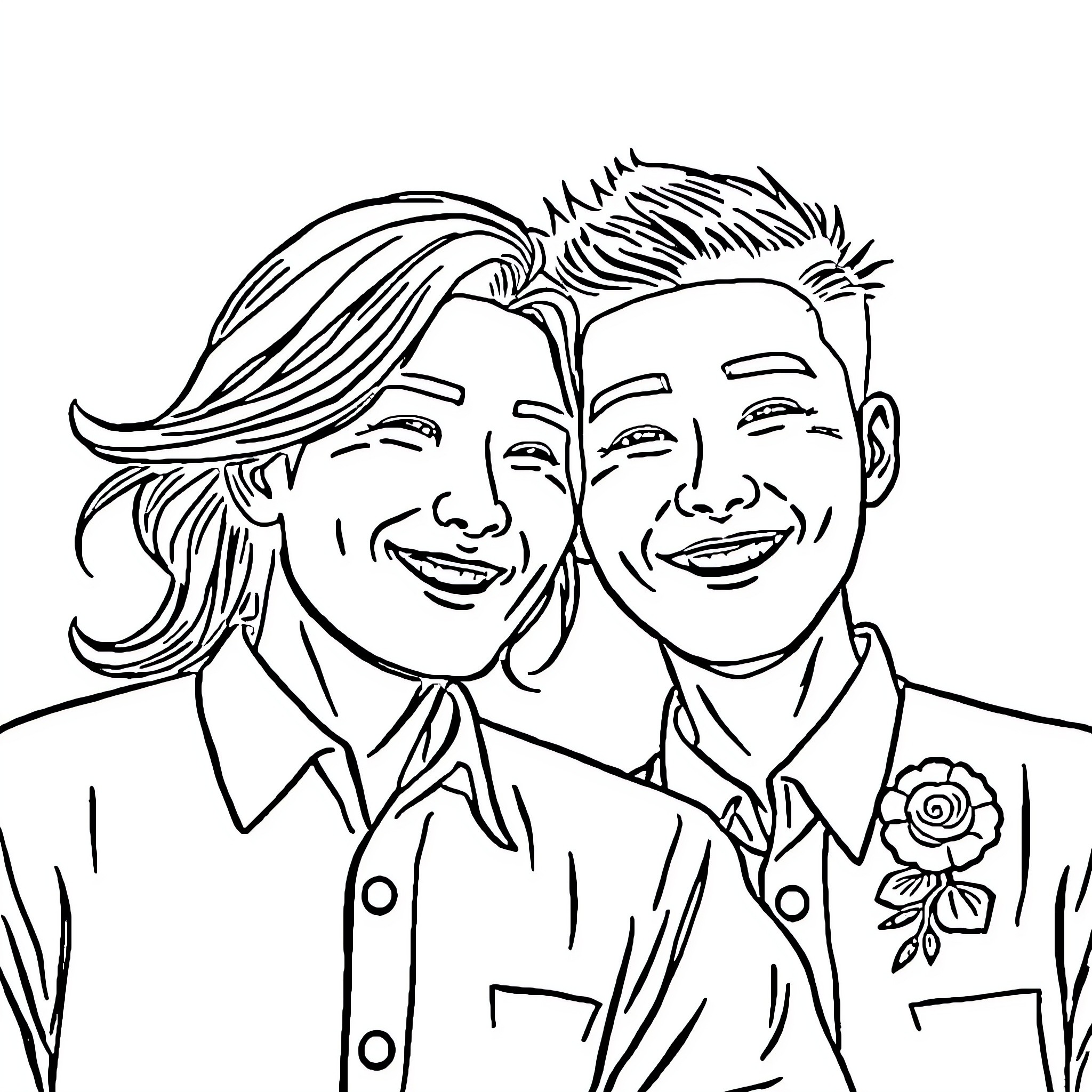 Man and woman pose joyfully together Coloring Page (free black-and-white line drawing printable PDF for all, from beginners to advanced learners, including children, teens, adults, and seniors)