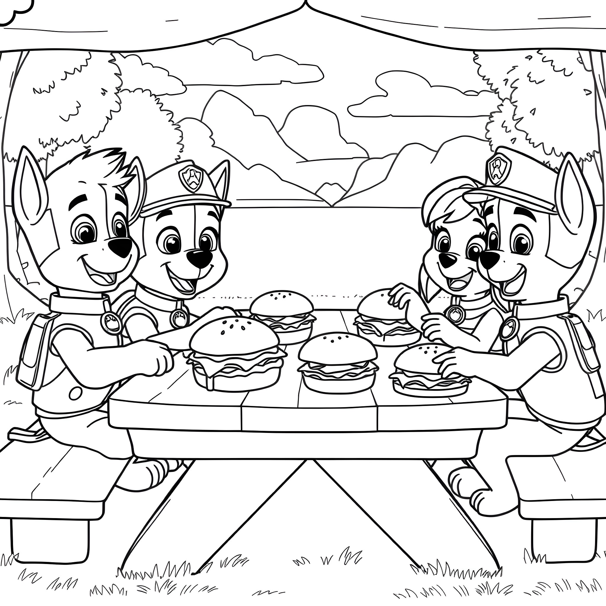 Paw Patrol pups enjoying a picnic in the park Coloring Page (free black-and-white line drawing printable PDF for all, from beginners to advanced learners, including children, teens, adults, and seniors)