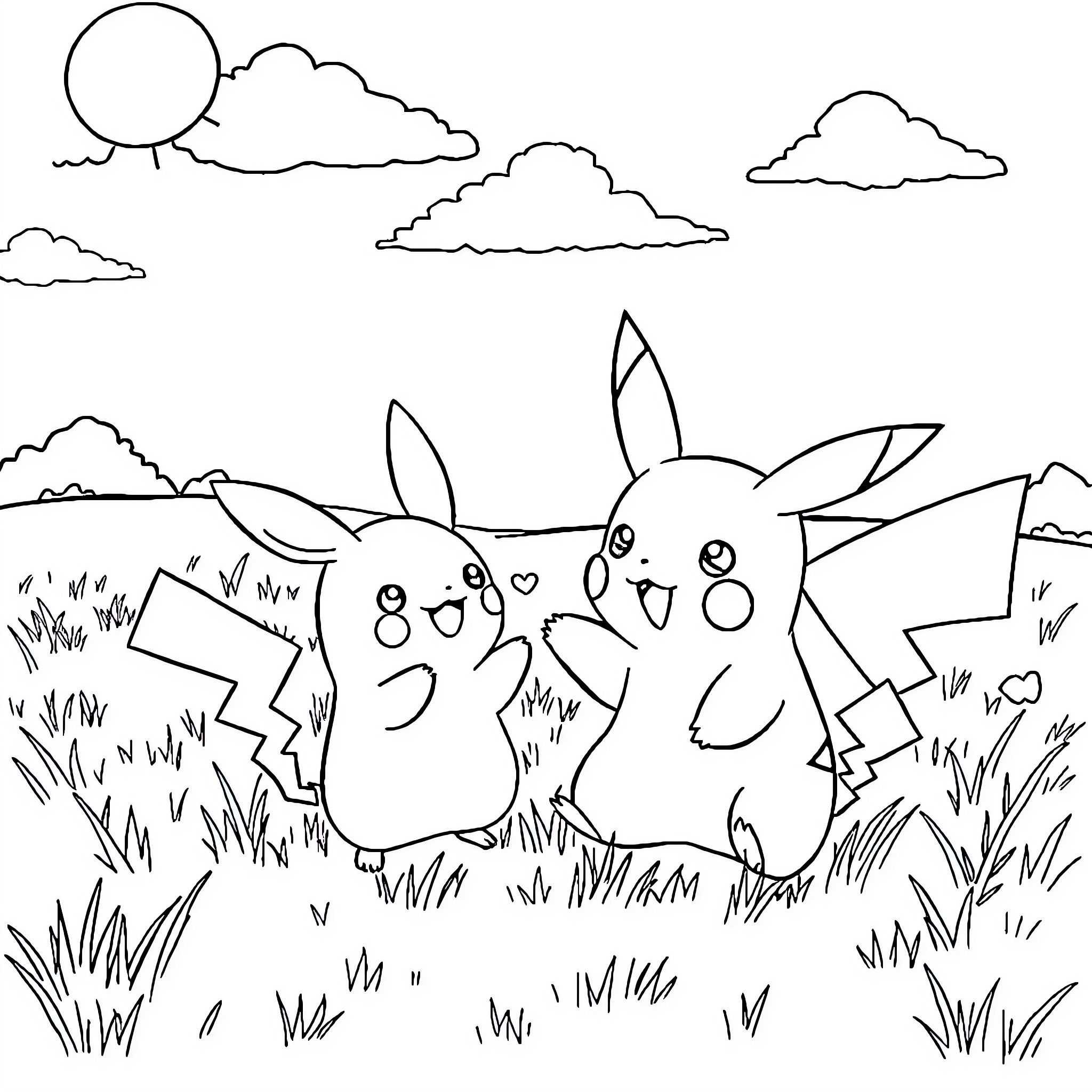 Pikachu characters playing happily in a grassy field Coloring Page (free black-and-white line drawing printable PDF for all, from beginners to advanced learners, including children, teens, adults, and seniors)