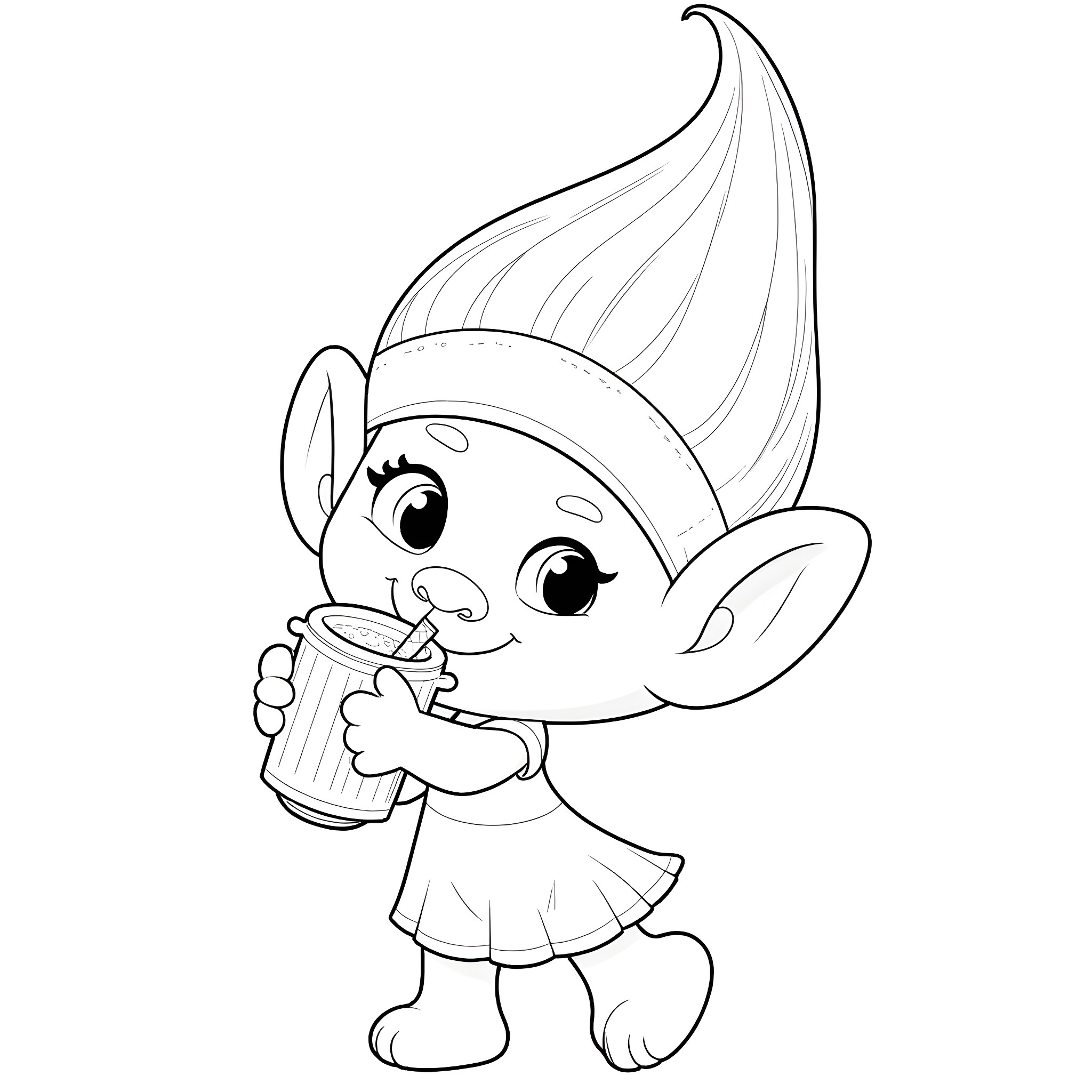Poppy the Troll Enjoying a Drink Coloring Page (free black-and-white line drawing printable PDF for all, from beginners to advanced learners, including children, teens, adults, and seniors)