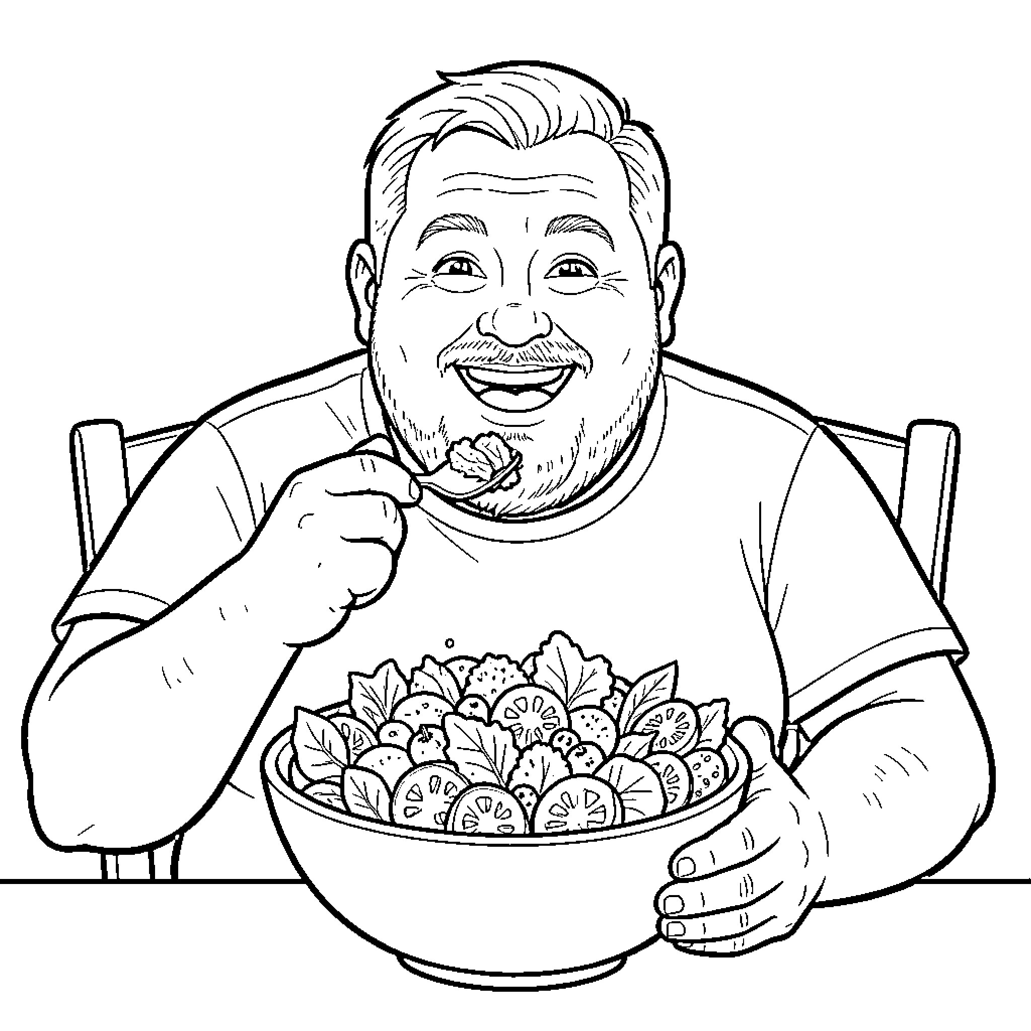 Man Happily Eating a Bowl of Fruit Coloring Page (free black-and-white line drawing printable PDF for all, from beginners to advanced learners, including children, teens, adults, and seniors)