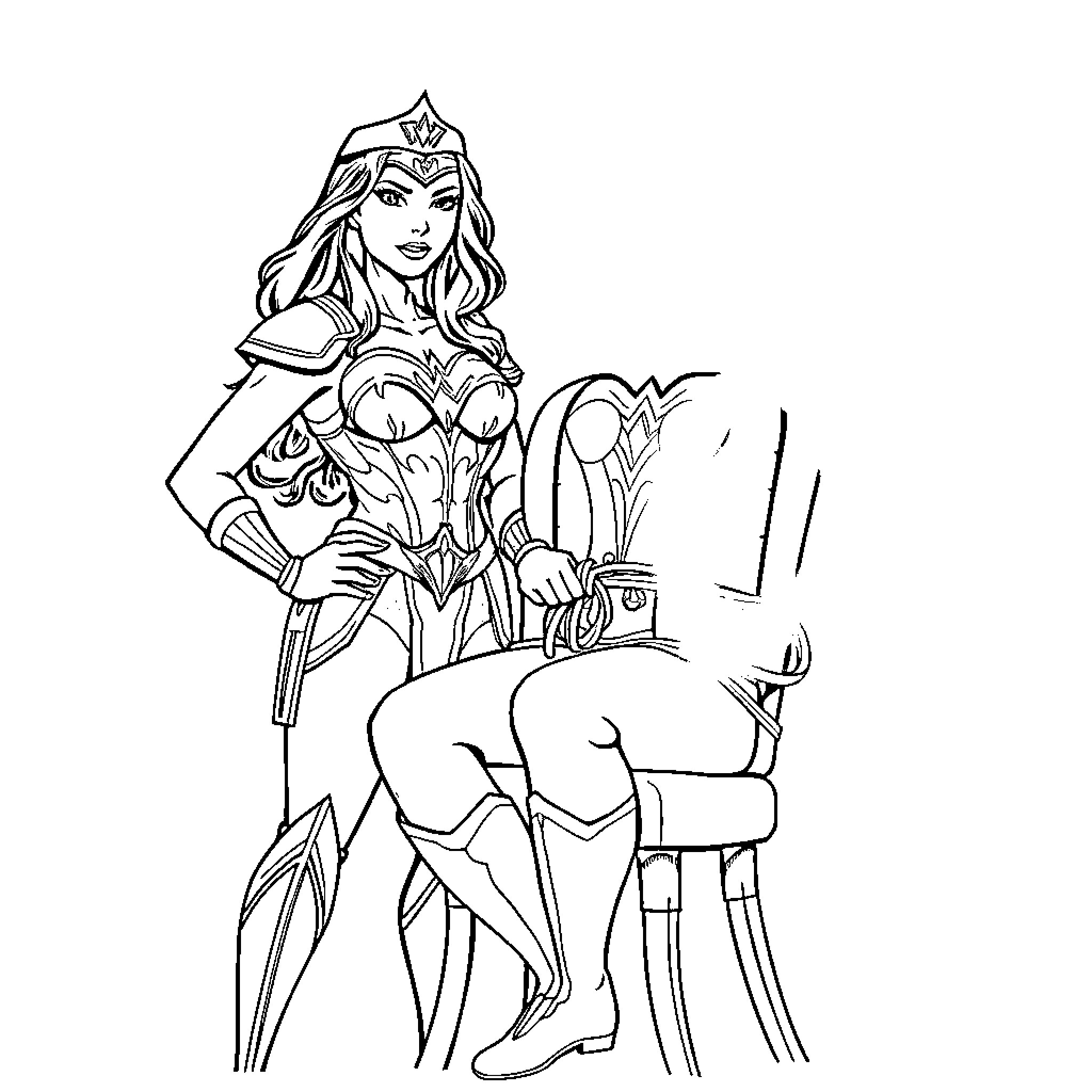 Wonder Woman in heroic action pose Coloring Page (free black-and-white line drawing printable PDF for all, from beginners to advanced learners, including children, teens, adults, and seniors)